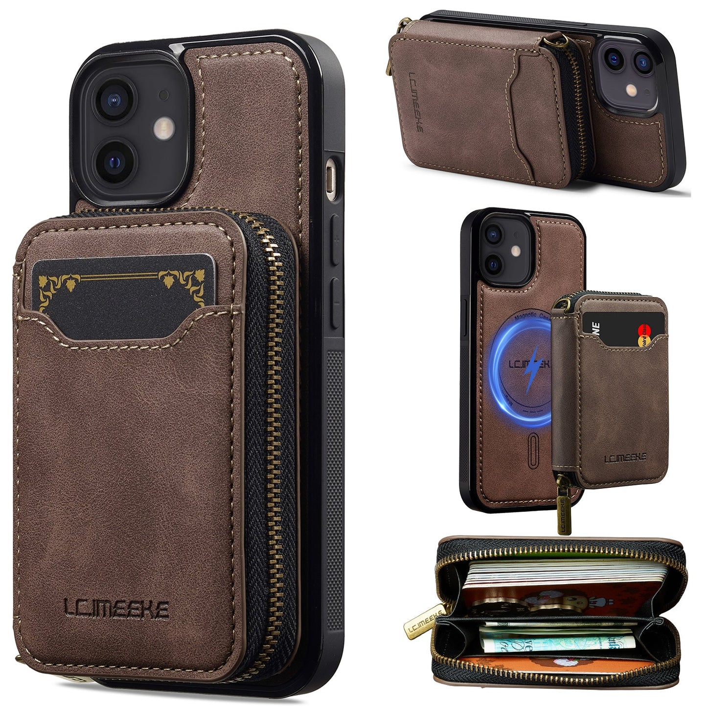 RFID Leather Wallet Phone Case with Detachable MagSafe Back Cover & Secure Zipper Pocket for iPhone 11