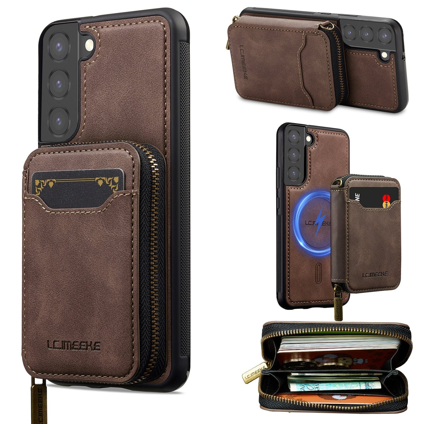 RFID Leather Wallet Phone Case with Detachable MagSafe Back Cover & Secure Zipper Pocket for Samsung Galaxy S21 FE