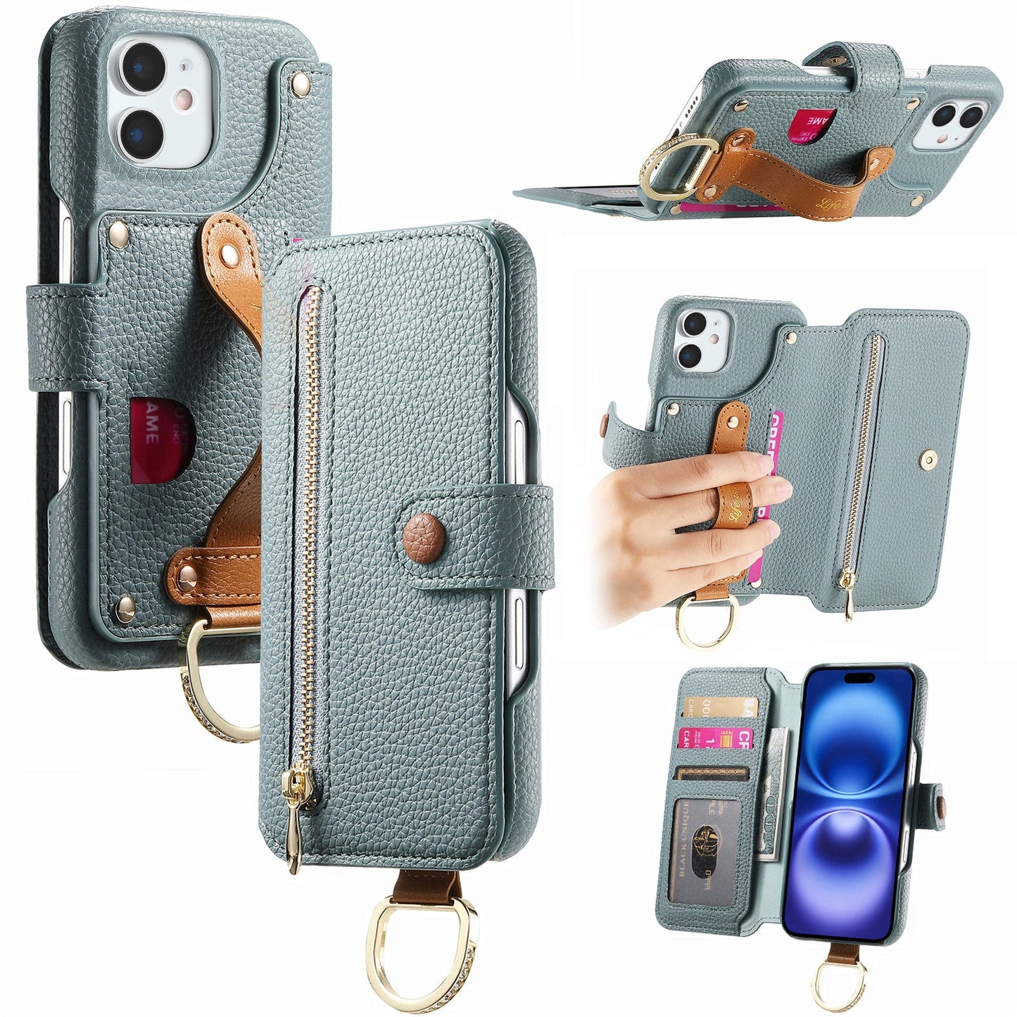 RFID Leather Phone Wallet Case with Wrist Strap for iPhone 12 Mini