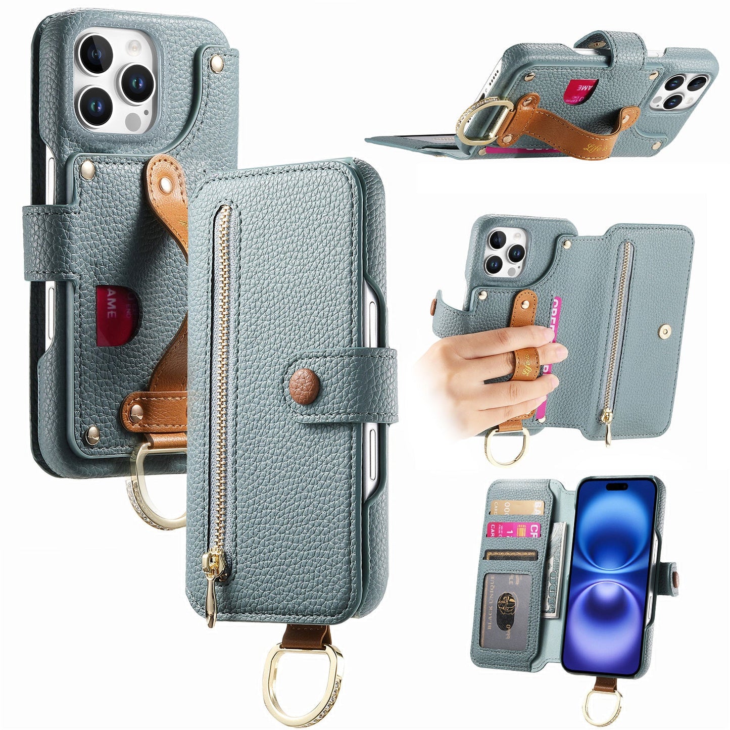 RFID Leather Phone Wallet Case with Wrist Strap for iPhone 16 Pro