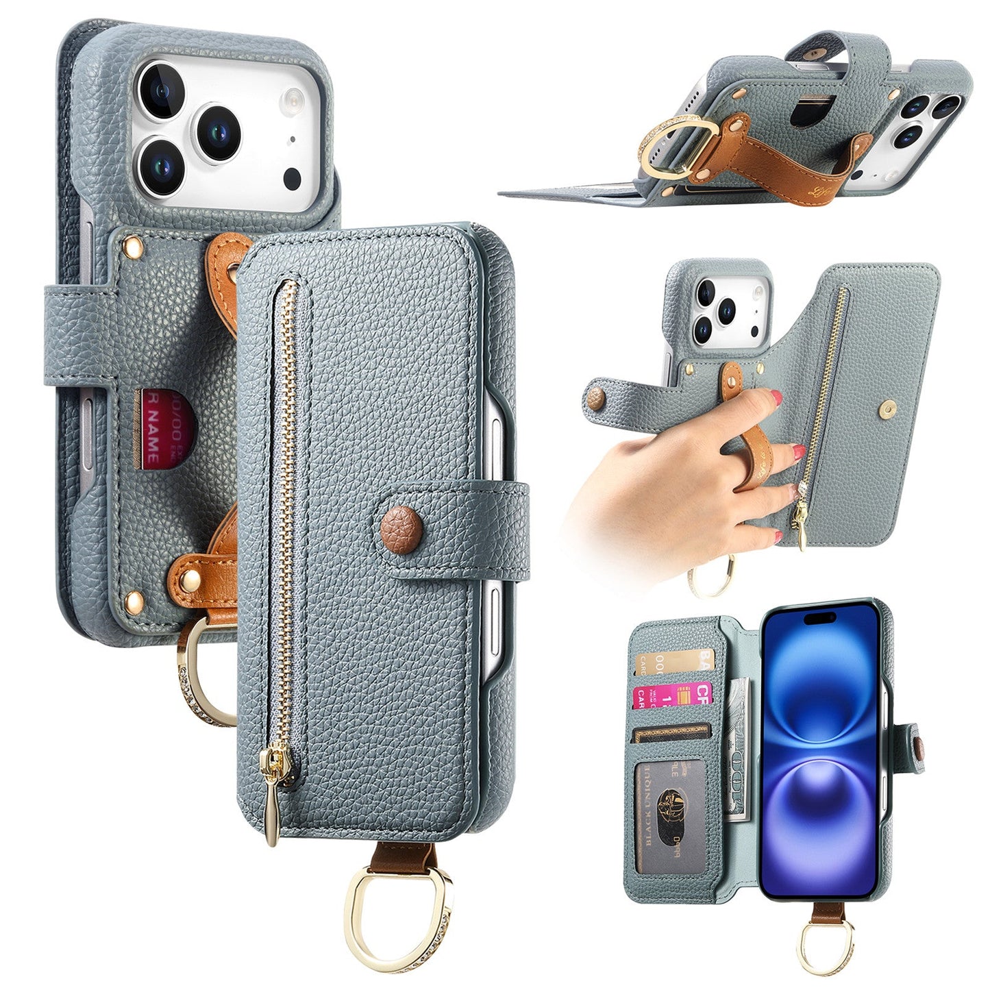 RFID Leather Phone Wallet Case with Wrist Strap for iPhone 17 Pro Max