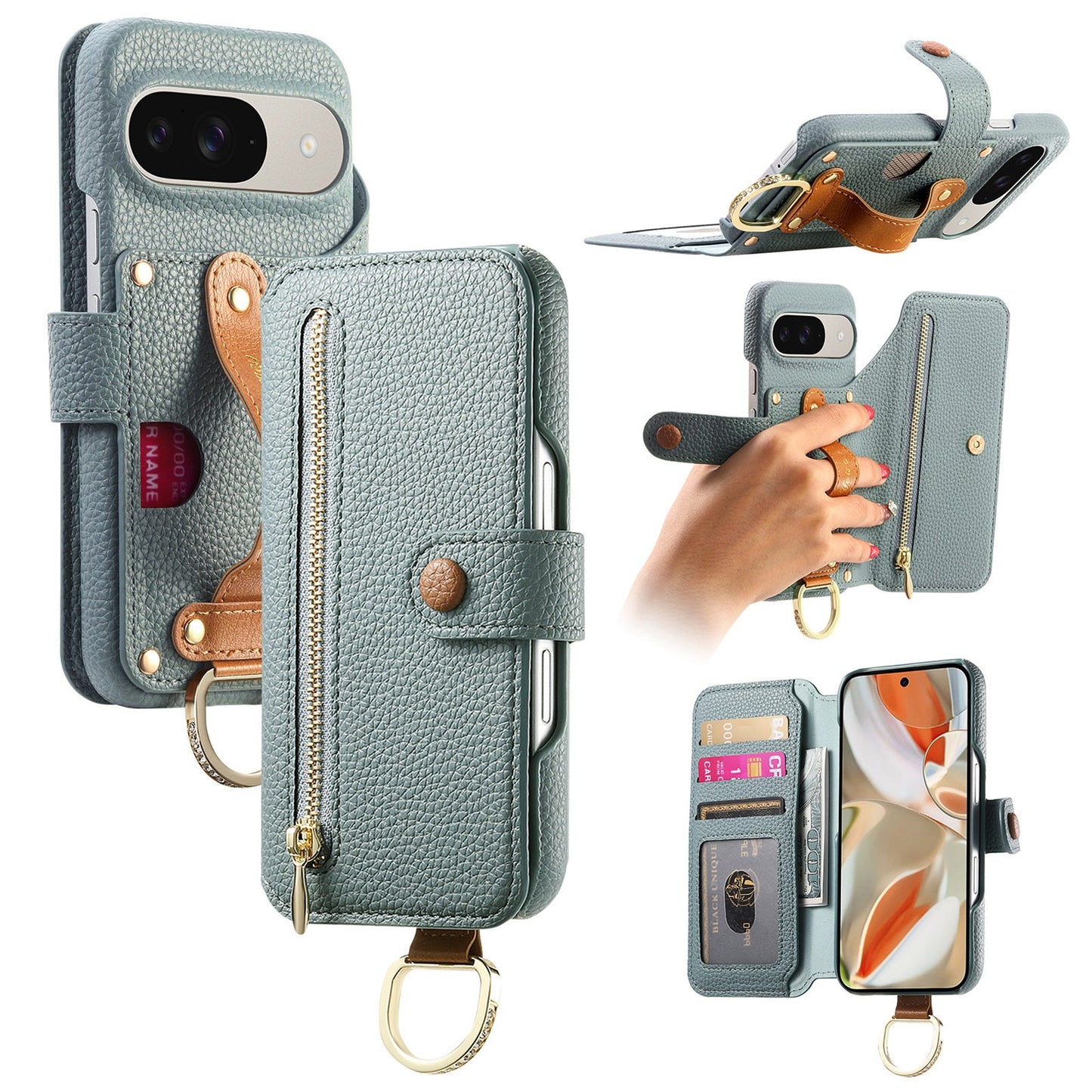 RFID Leather Phone Wallet Case with Wrist Strap for Pixel 7 Pro