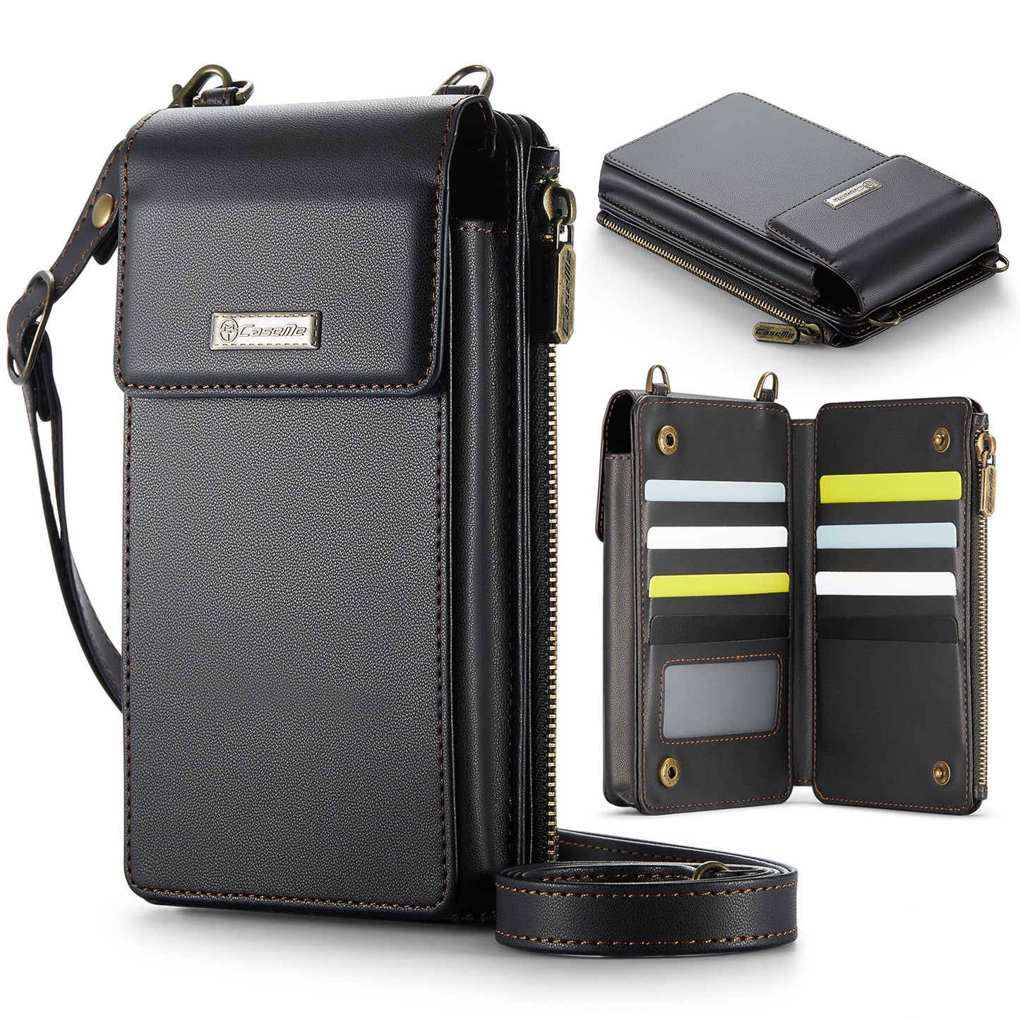 Slim RFID-Blocking Crossbody Wallet - 9 Card Slots, Zip Pocket & Phone Compartment