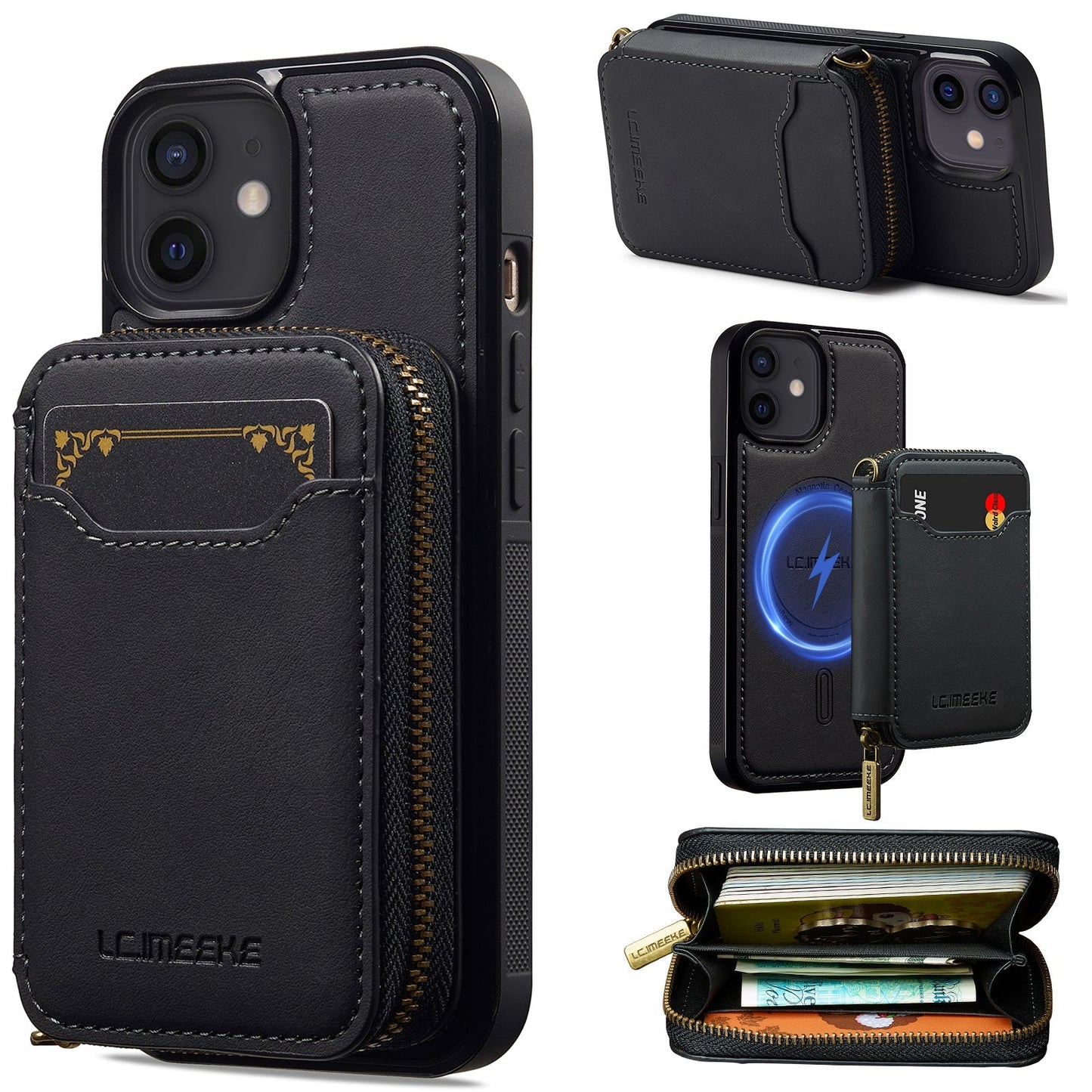 RFID Leather Wallet Phone Case with Detachable MagSafe Back Cover & Secure Zipper Pocket for iPhone 11