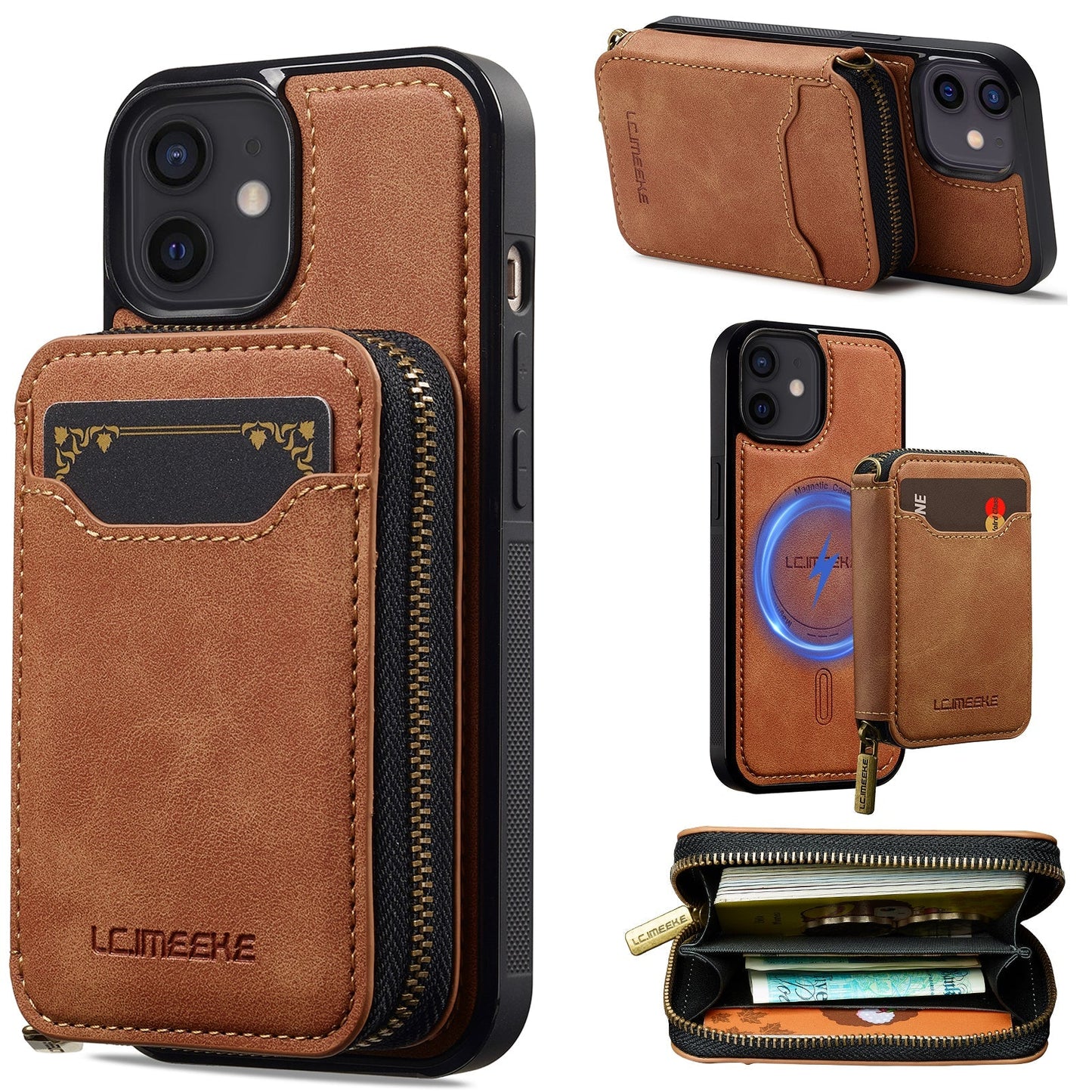 RFID Leather Wallet Phone Case with Detachable MagSafe Back Cover & Secure Zipper Pocket for iPhone 11