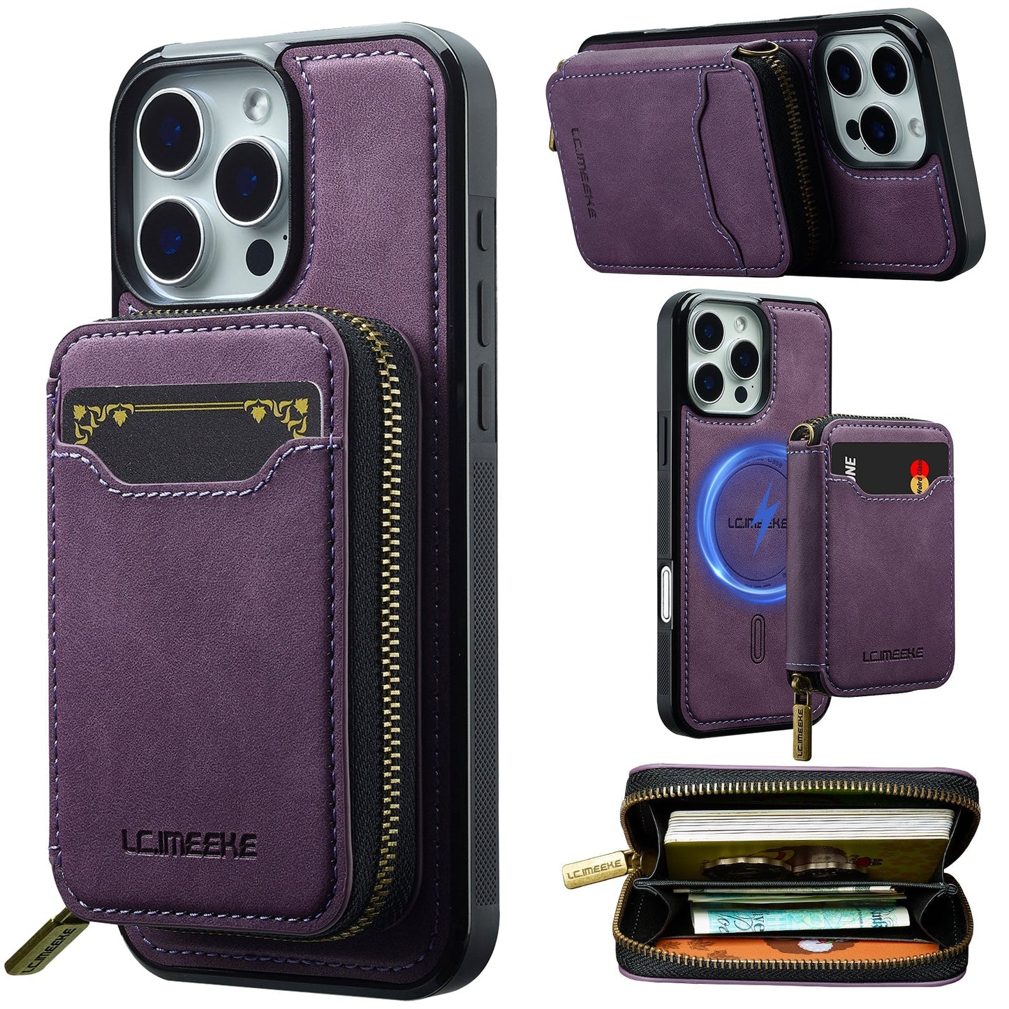 RFID Leather Wallet Phone Case with Detachable MagSafe Back Cover & Secure Zipper Pocket for iPhone 13 Pro