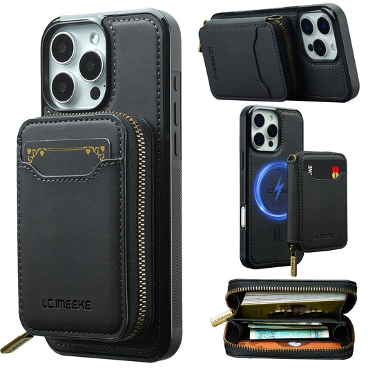 RFID Leather Wallet Phone Case with Detachable MagSafe Back Cover & Secure Zipper Pocket for iPhone 15 Pro Max