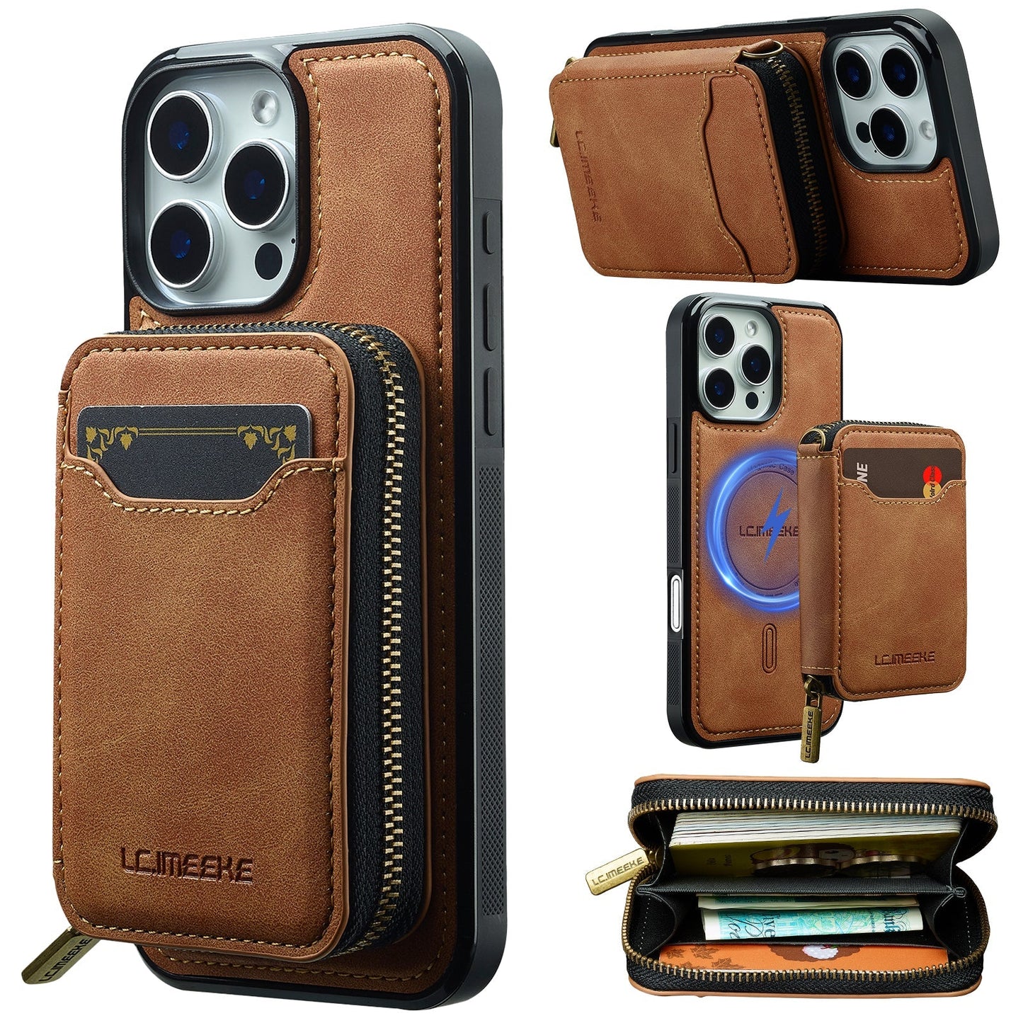 RFID Leather Wallet Phone Case with Detachable MagSafe Back Cover & Secure Zipper Pocket for iPhone 13 Pro