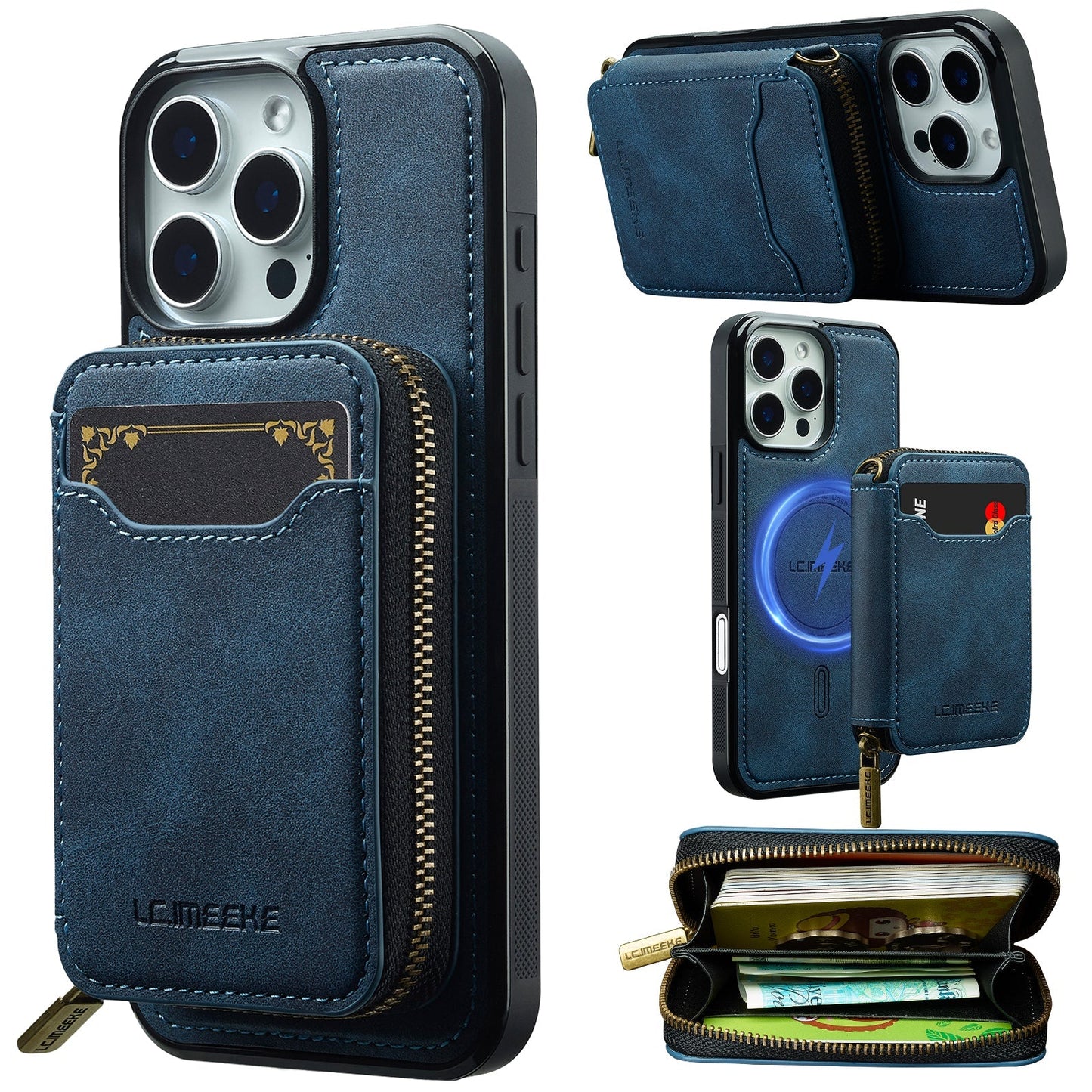 RFID Leather Wallet Phone Case with Detachable MagSafe Back Cover & Secure Zipper Pocket for iPhone 15 Pro