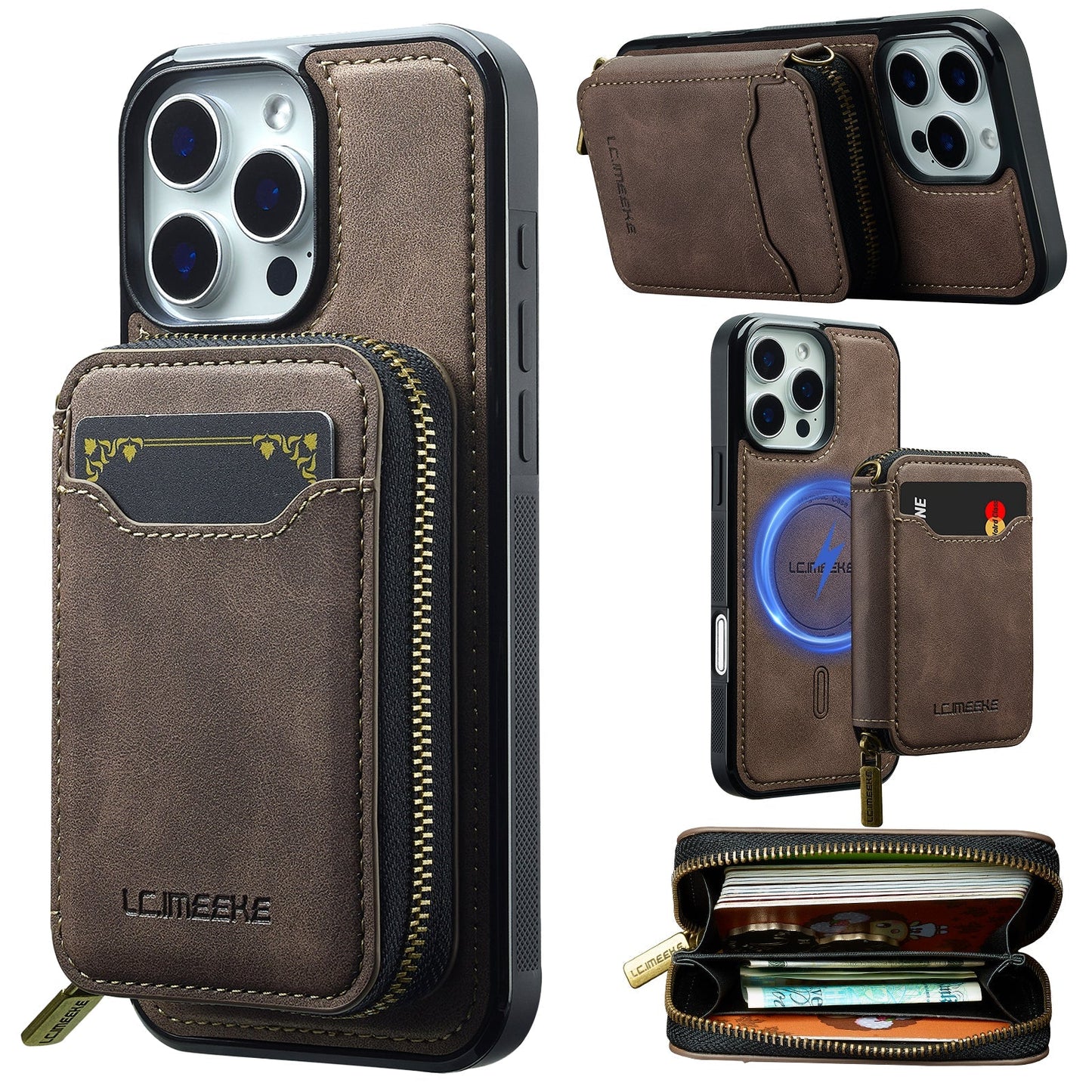 RFID Leather Wallet Phone Case with Detachable MagSafe Back Cover & Secure Zipper Pocket for iPhone 15 Pro