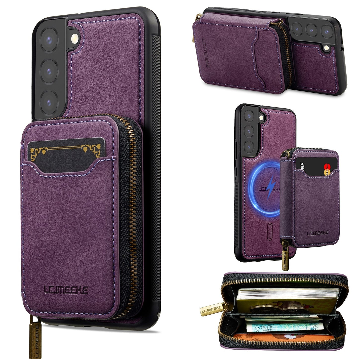 RFID Leather Wallet Phone Case with Detachable MagSafe Back Cover & Secure Zipper Pocket for Samsung Galaxy S22
