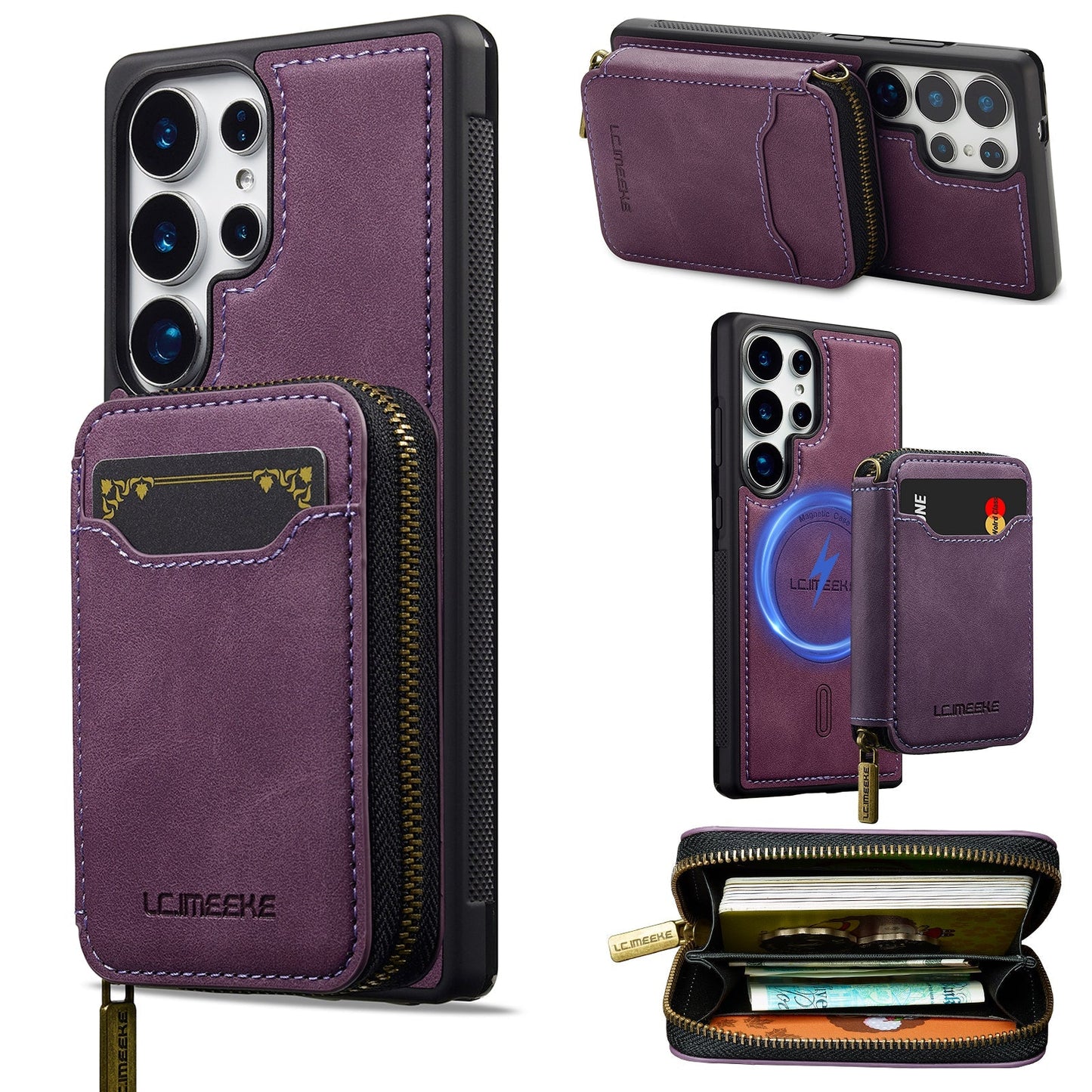 RFID Leather Wallet Phone Case with Detachable MagSafe Back Cover & Secure Zipper Pocket for Samsung Galaxy S24 Ultra