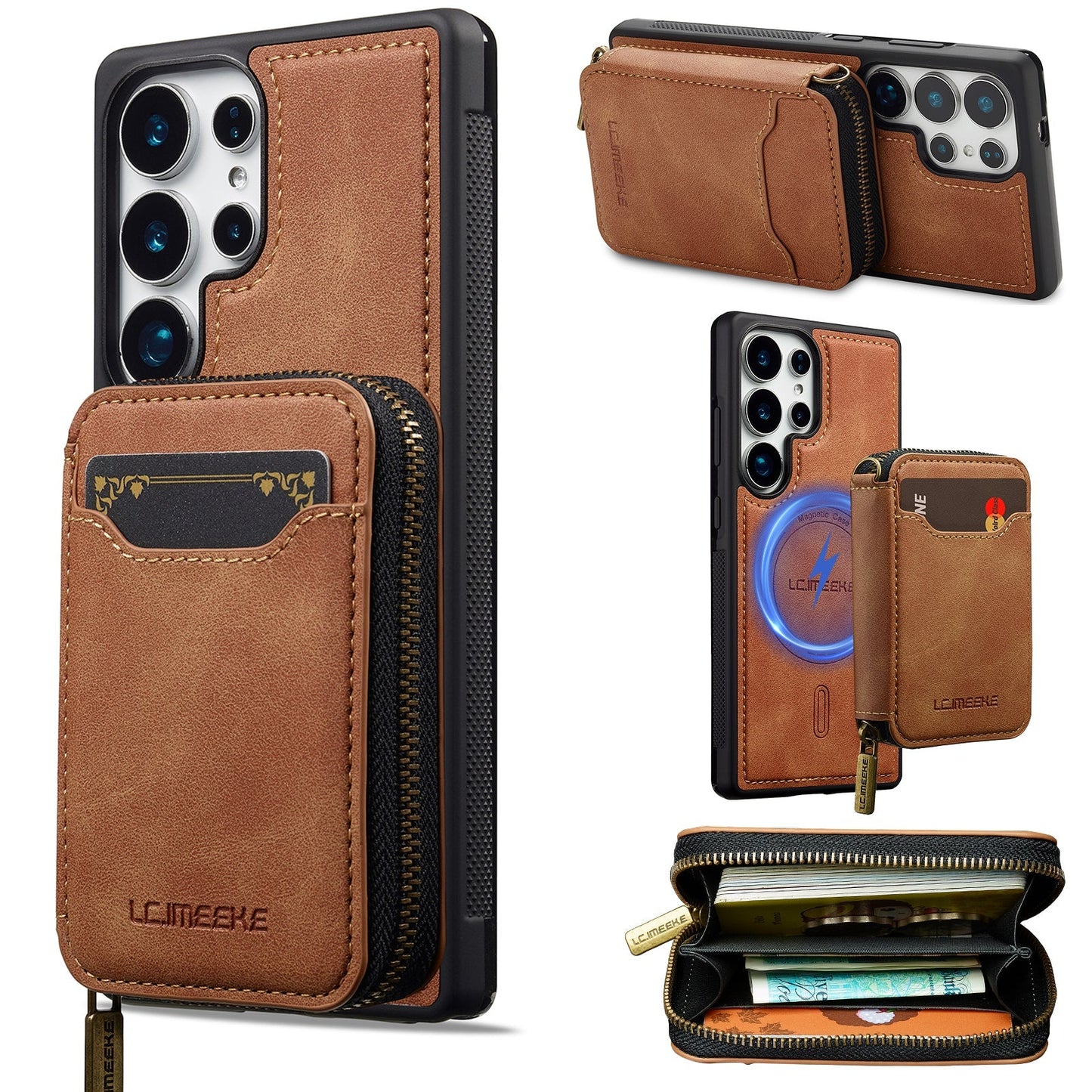 RFID Leather Wallet Phone Case with Detachable MagSafe Back Cover & Secure Zipper Pocket for Samsung Galaxy S24 Ultra