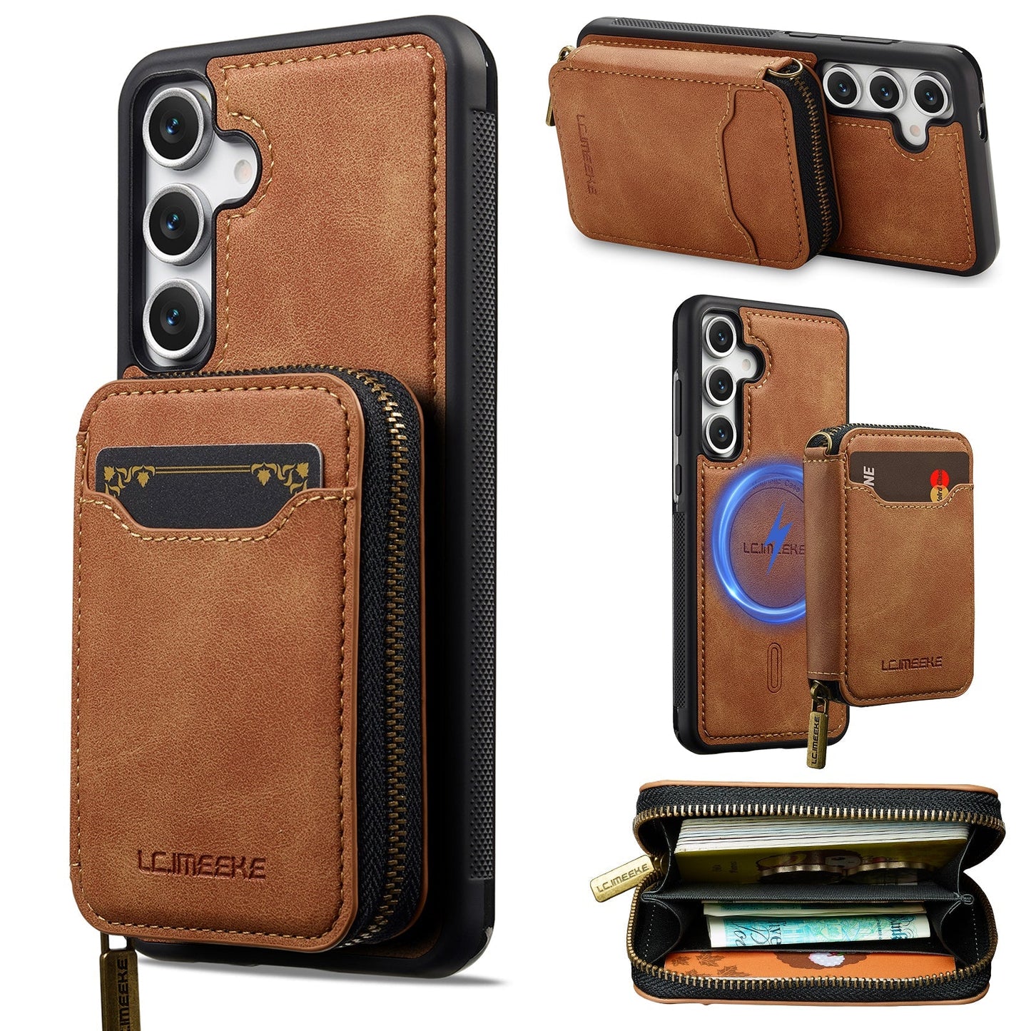 RFID Leather Wallet Phone Case with Detachable MagSafe Back Cover & Secure Zipper Pocket for Samsung Galaxy S24 FE
