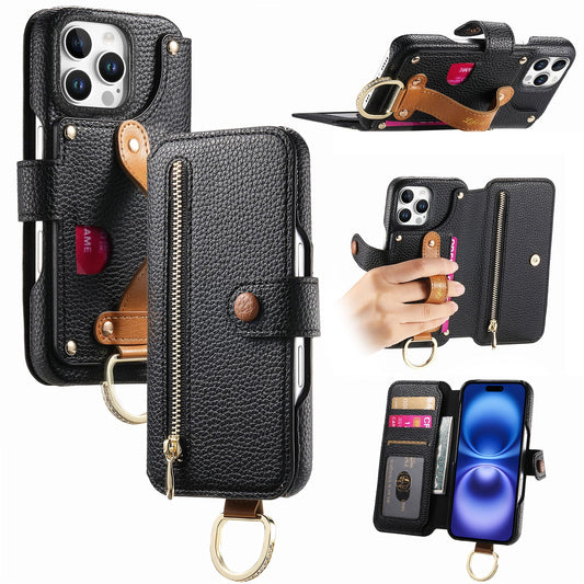 RFID Leather Phone Wallet Case with Wrist Strap for iPhone 11 Pro Max