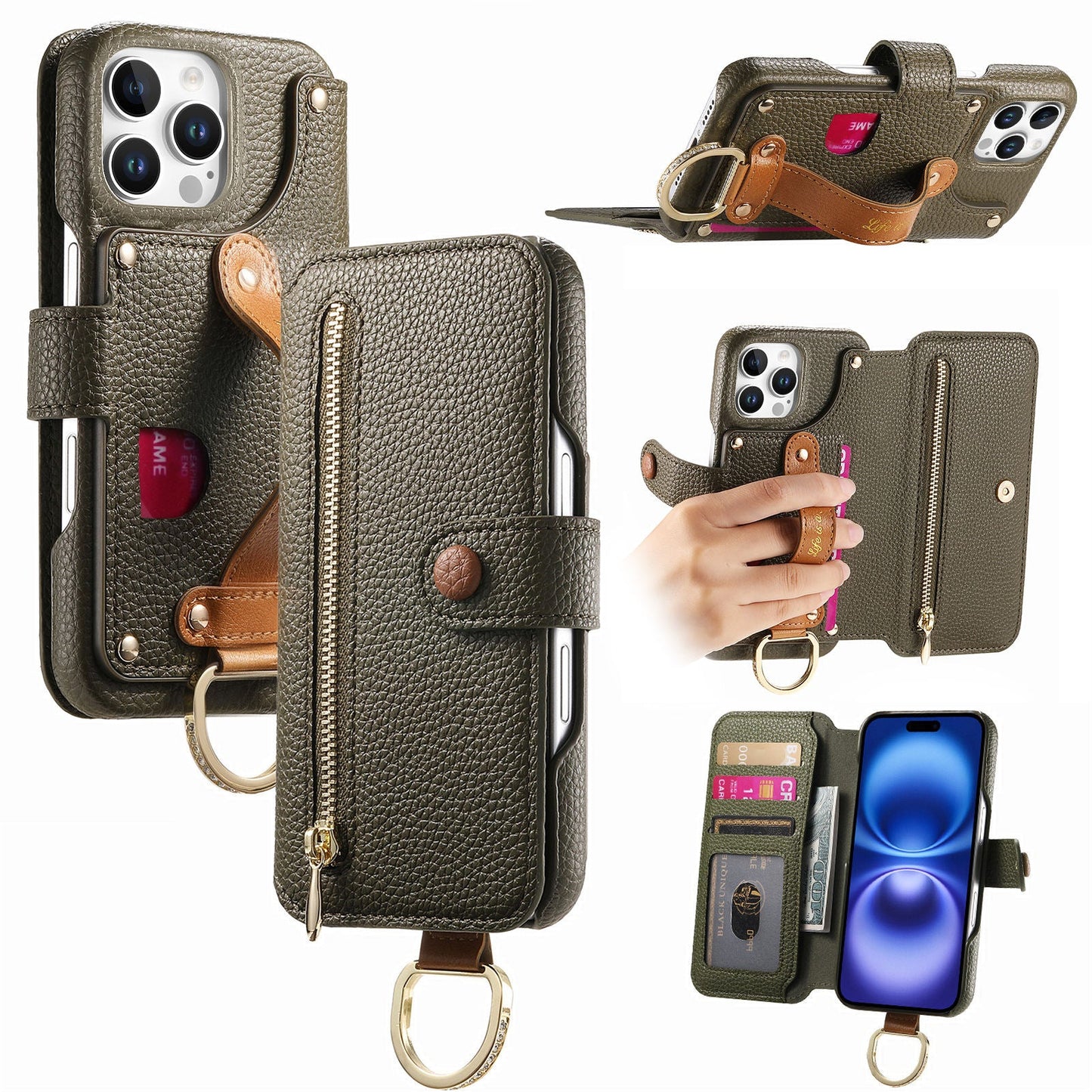 RFID Leather Phone Wallet Case with Wrist Strap for iPhone 12 Pro