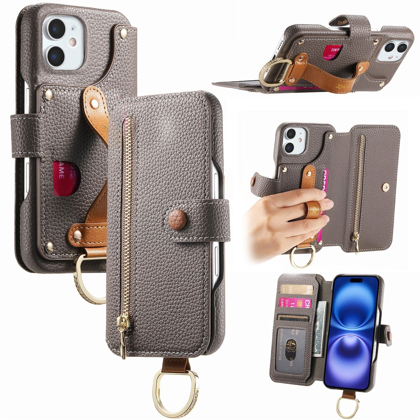RFID Leather Phone Wallet Case with Wrist Strap for iPhone 12 Mini