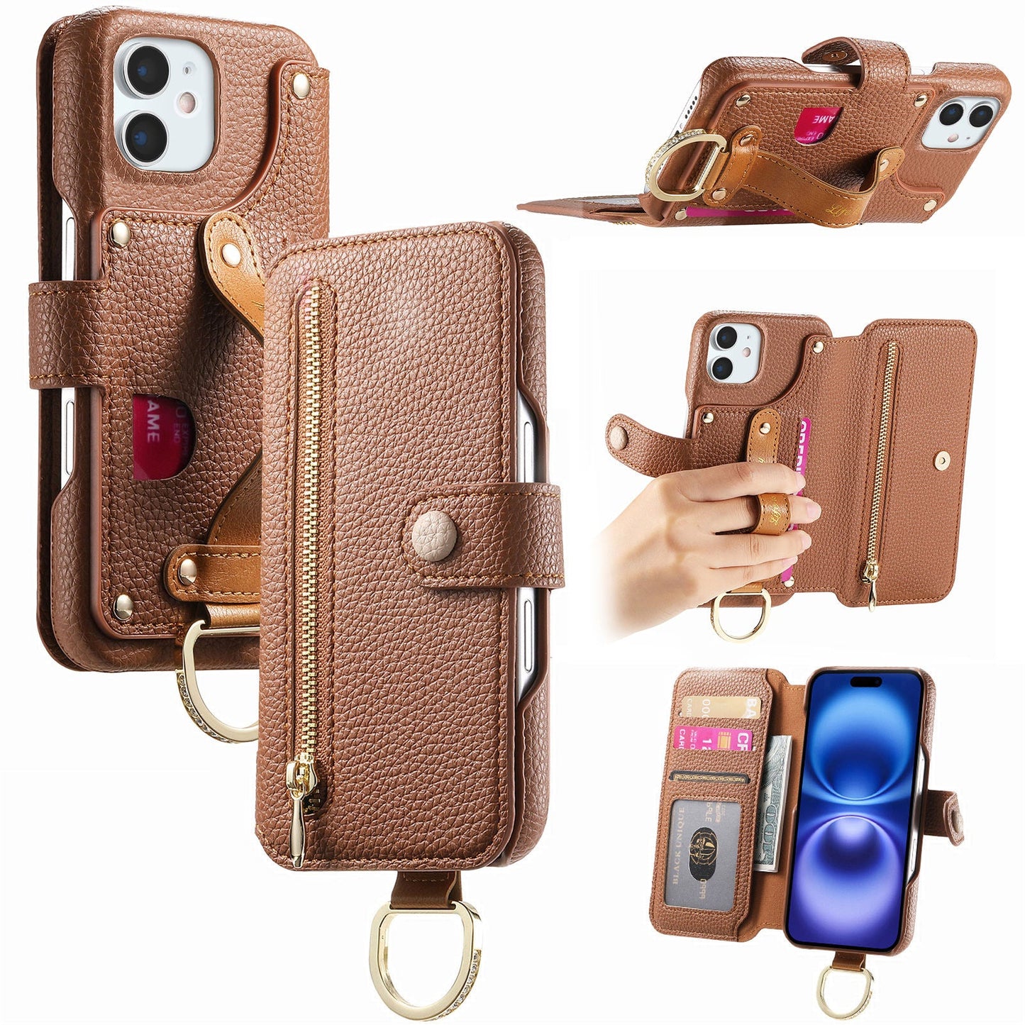 RFID Leather Phone Wallet Case with Wrist Strap for iPhone 12 Mini