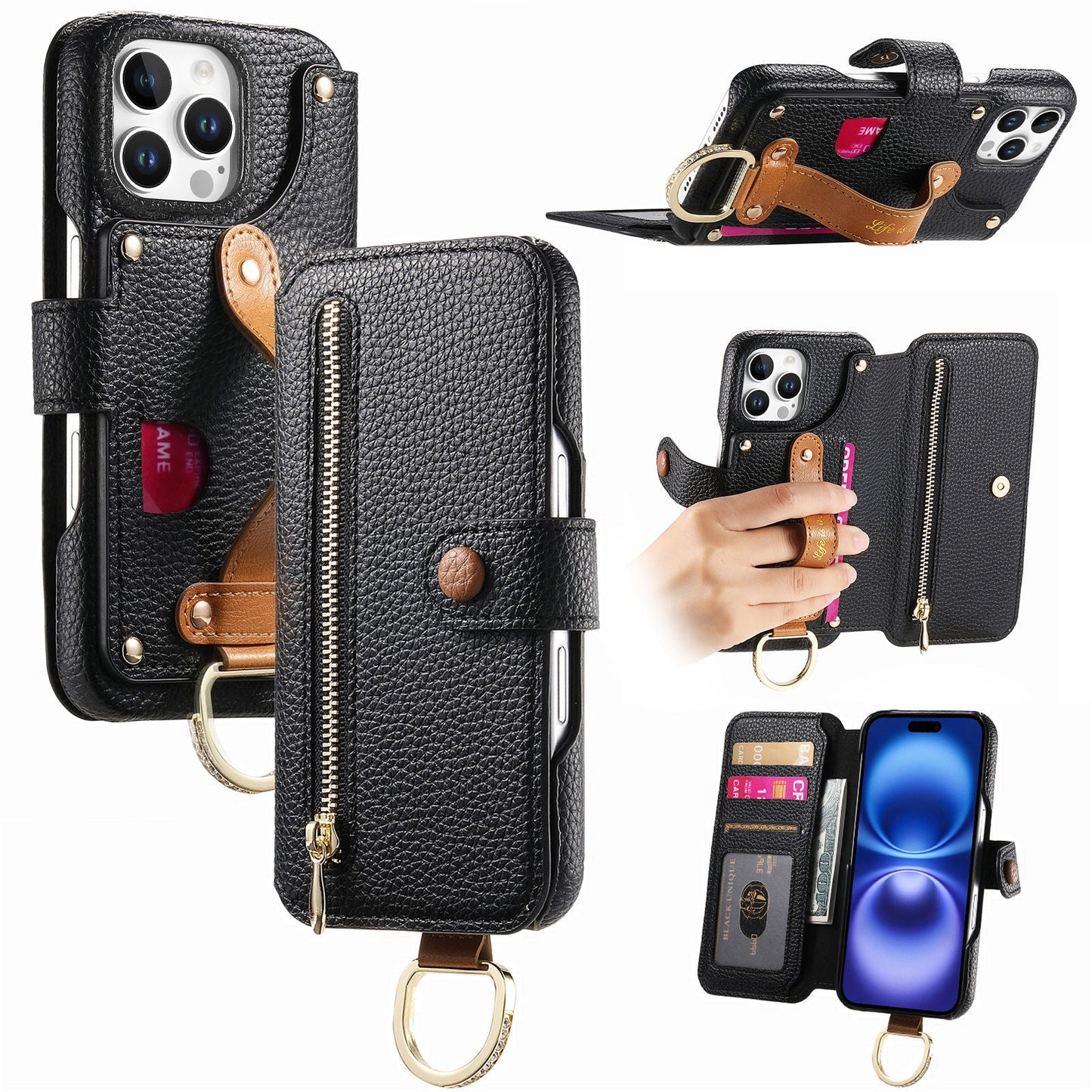 RFID Leather Phone Wallet Case with Wrist Strap for iPhone 14 Pro