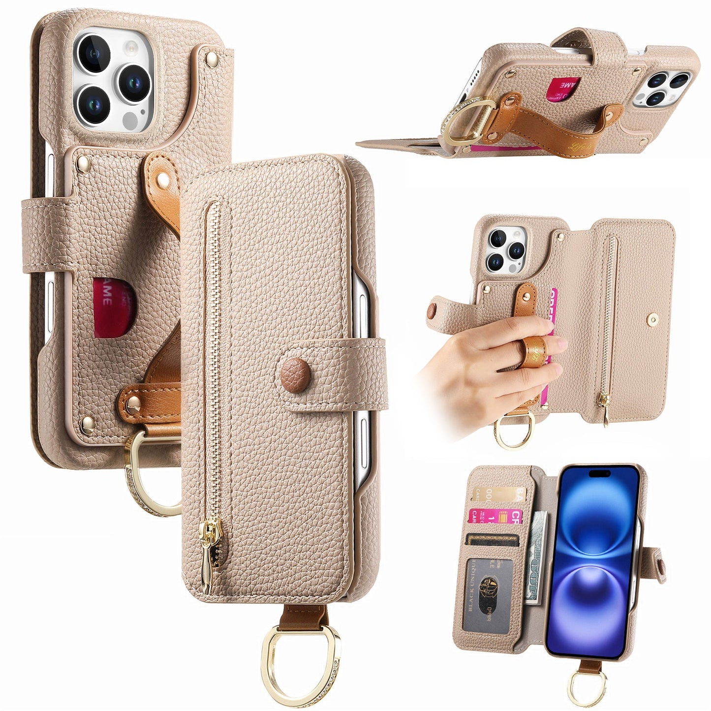 RFID Leather Phone Wallet Case with Wrist Strap for iPhone 14 Pro Max