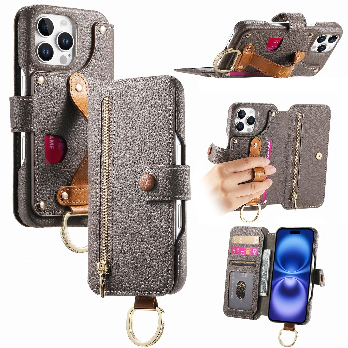 RFID Leather Phone Wallet Case with Wrist Strap for iPhone 13 Pro