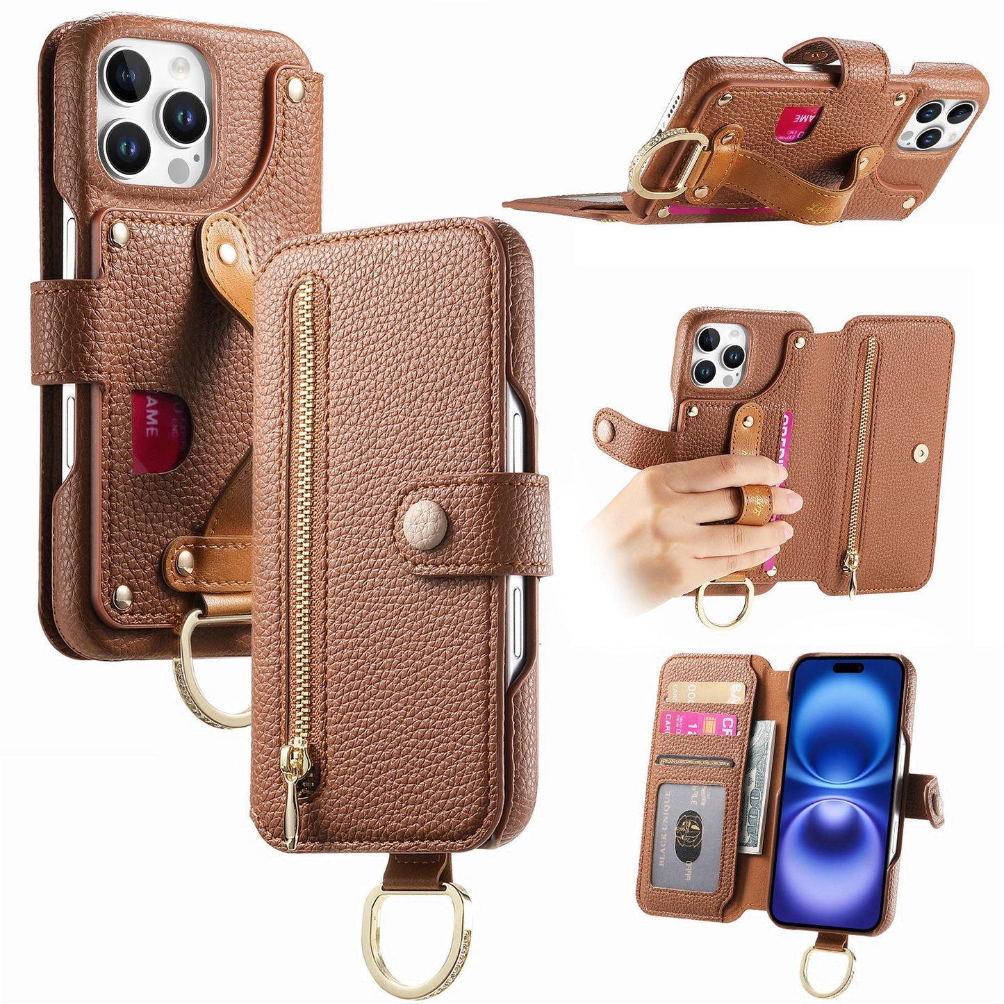 RFID Leather Phone Wallet Case with Wrist Strap for iPhone 15 Pro Max