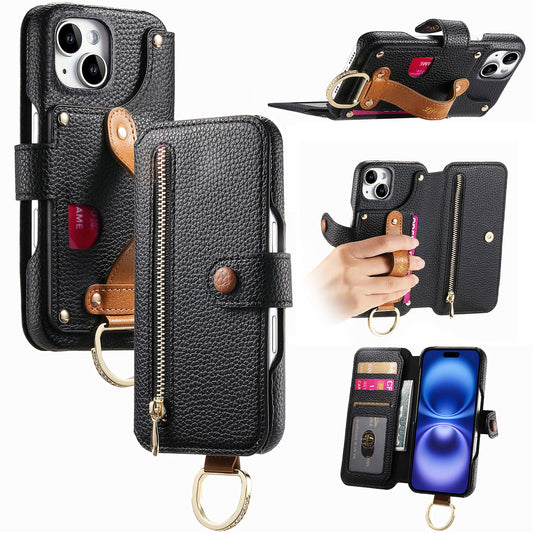 RFID Leather Phone Wallet Case with Wrist Strap for iPhone 13 Mini