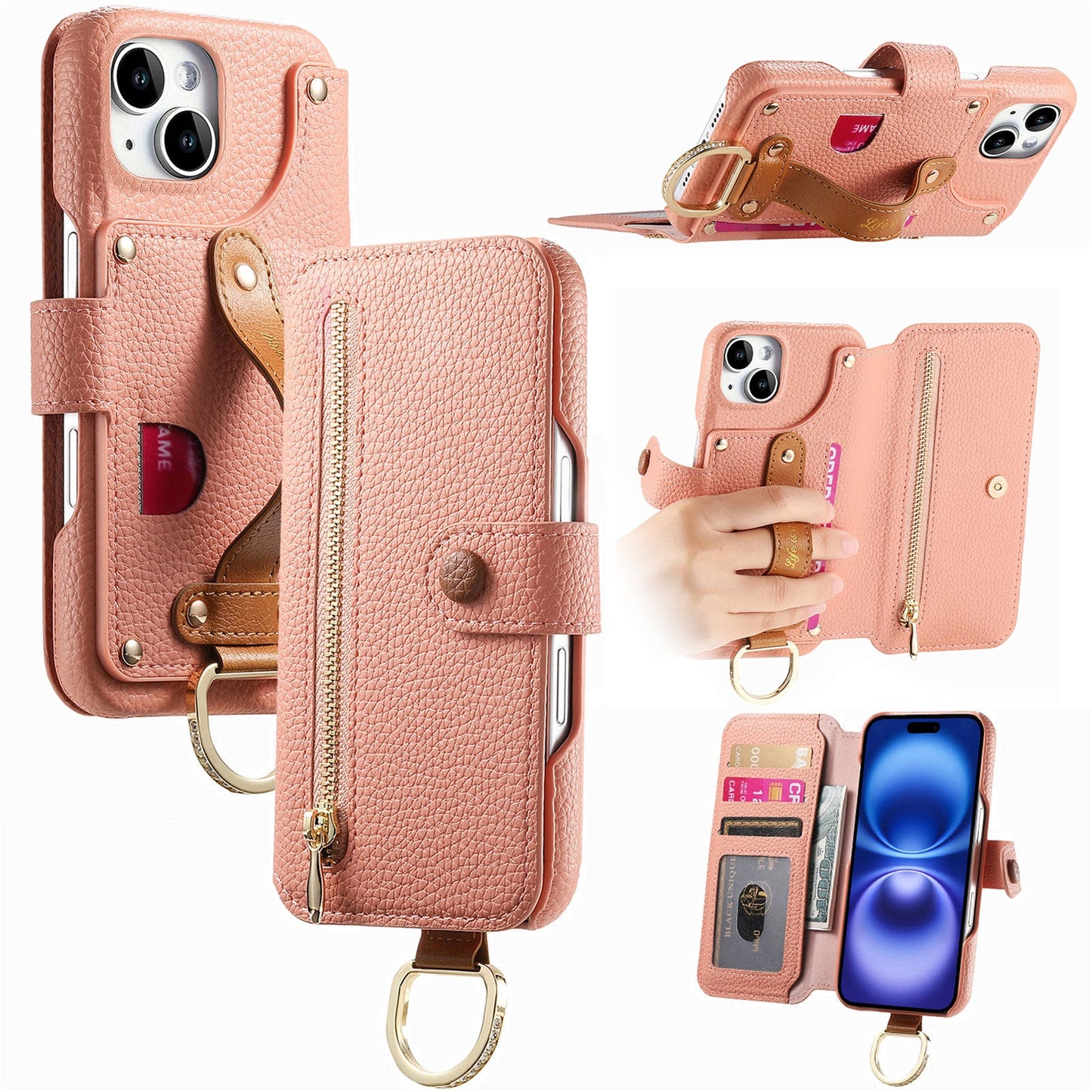 RFID Leather Phone Wallet Case with Wrist Strap for iPhone 14 Plus