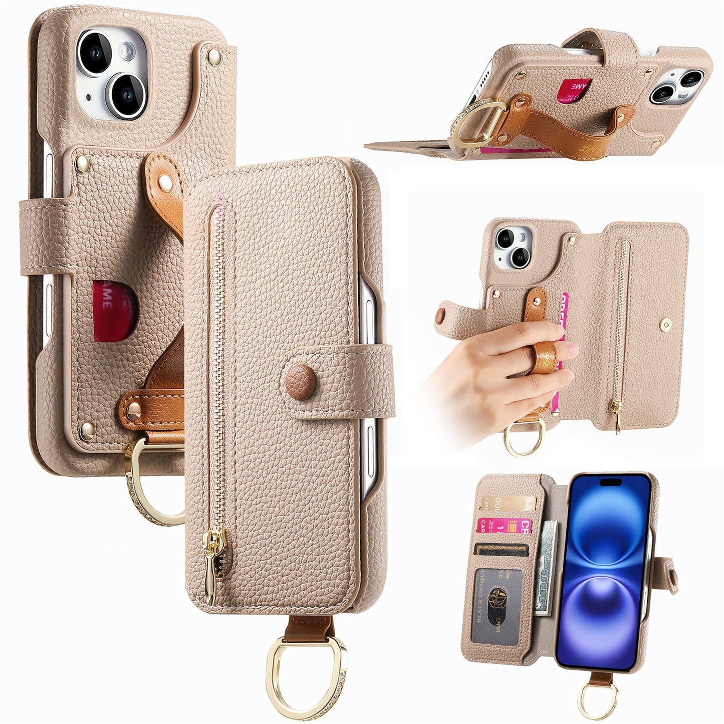 RFID Leather Phone Wallet Case with Wrist Strap for iPhone 13 Mini
