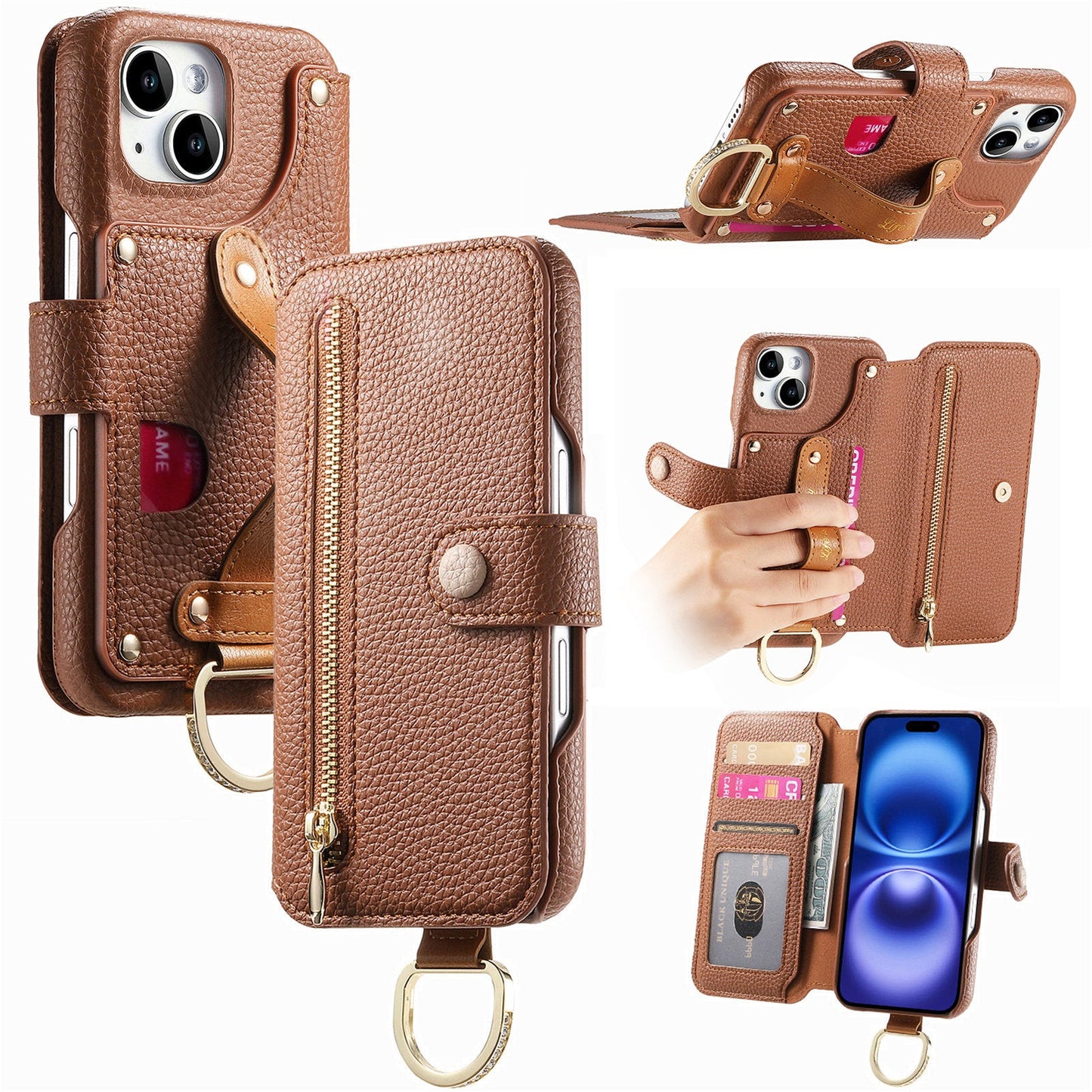 RFID Leather Phone Wallet Case with Wrist Strap for iPhone 14