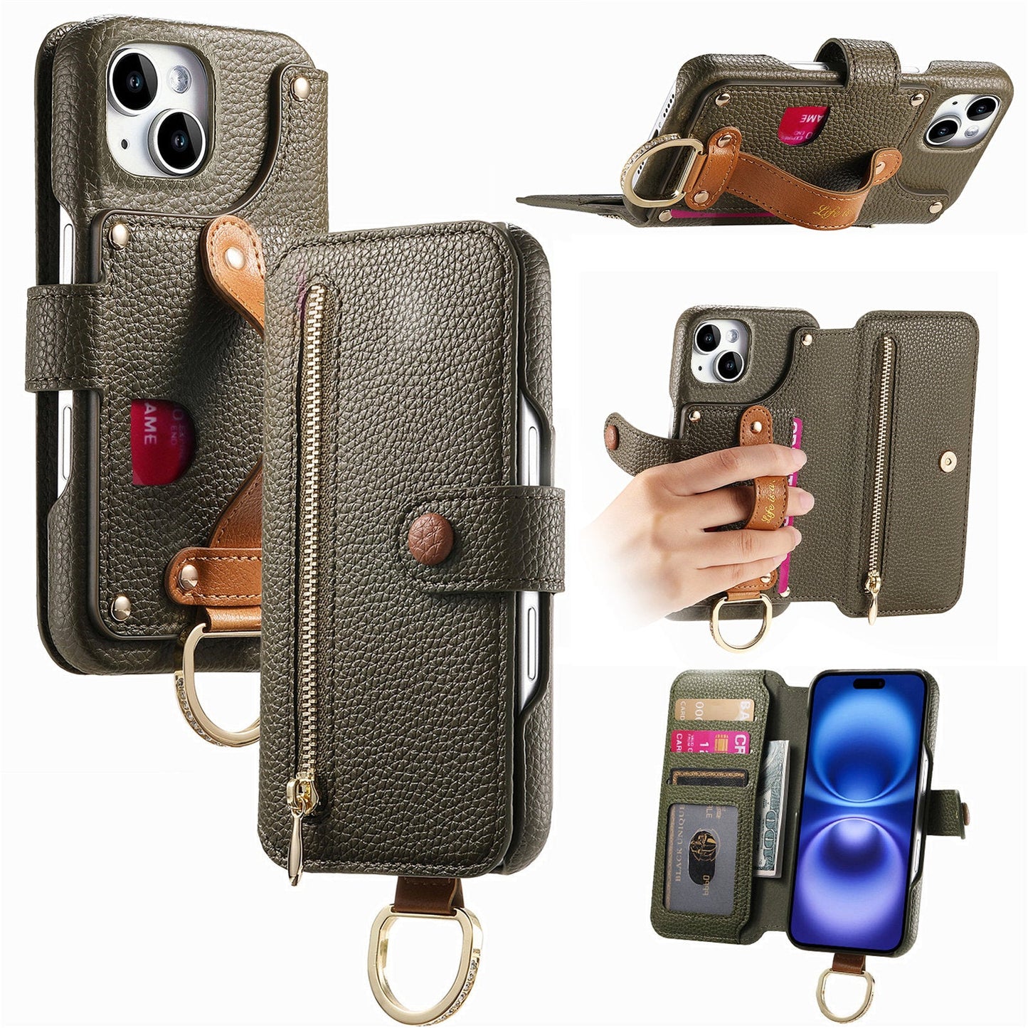 RFID Leather Phone Wallet Case with Wrist Strap for iPhone 13