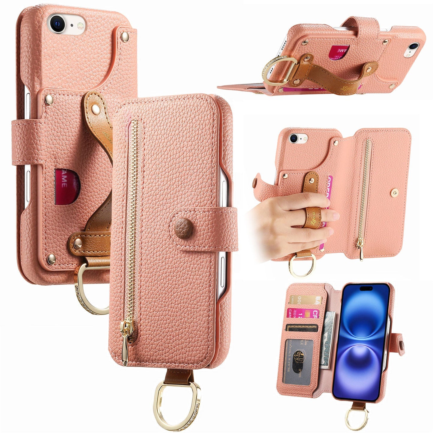RFID Leather Phone Wallet Case with Wrist Strap for iPhone 16e