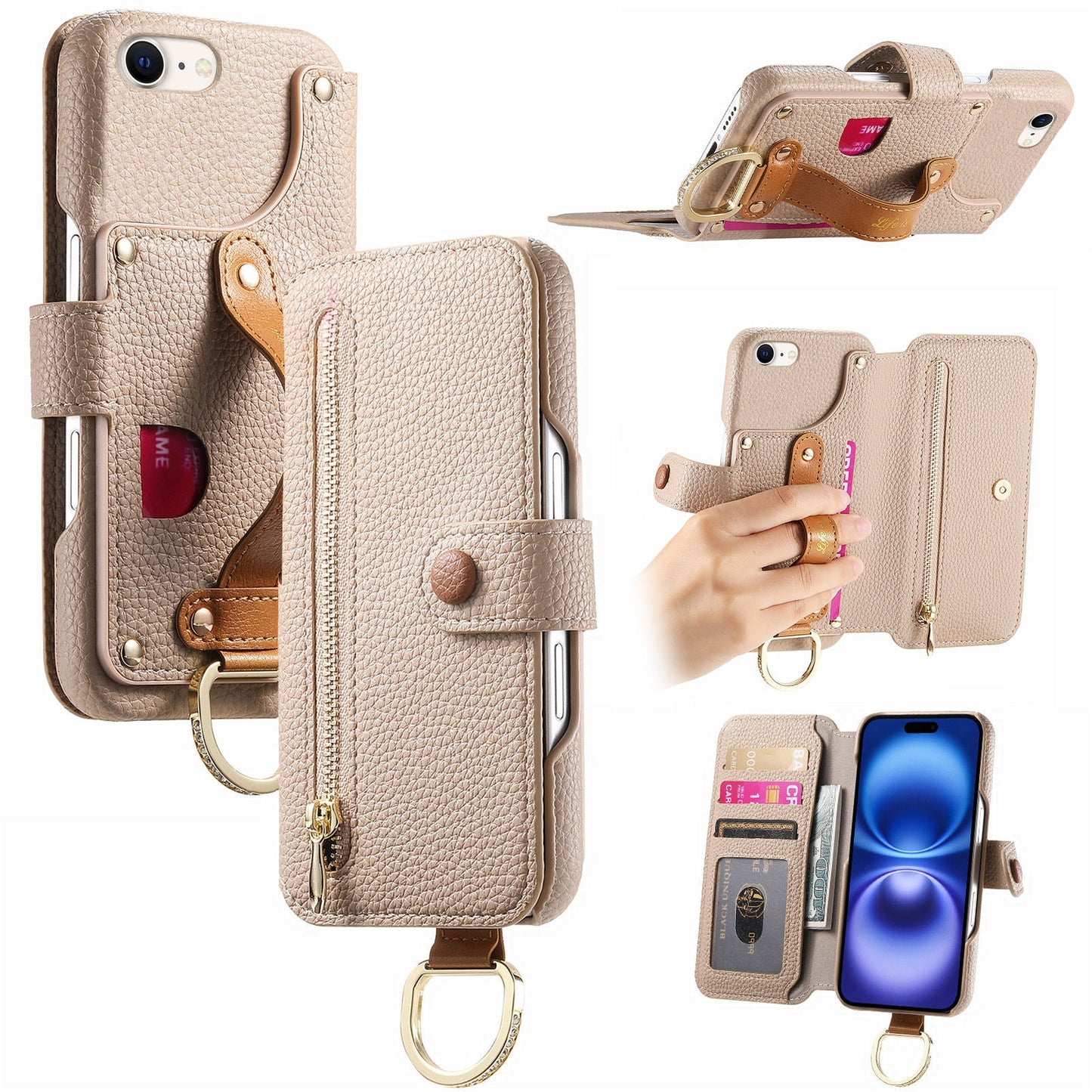 RFID Leather Phone Wallet Case with Wrist Strap for iPhone 16e
