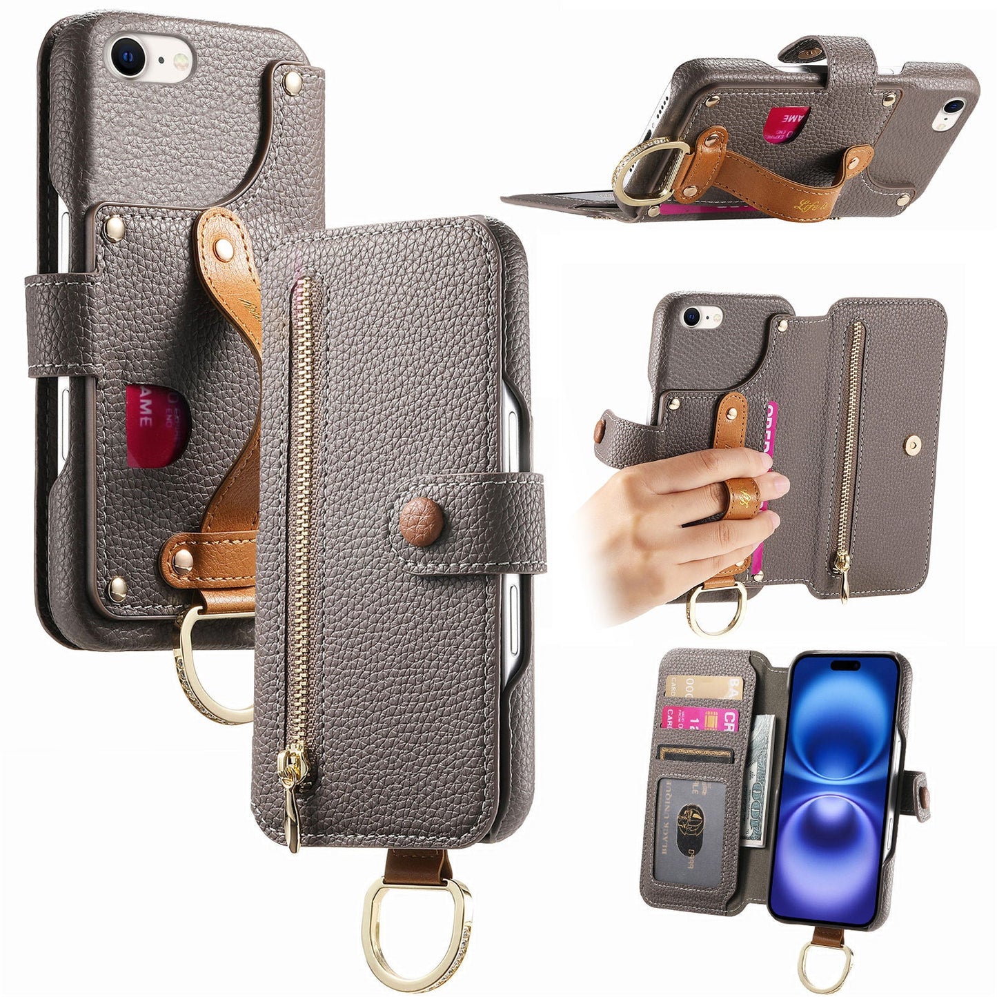 RFID Leather Phone Wallet Case with Wrist Strap for iPhone 16e
