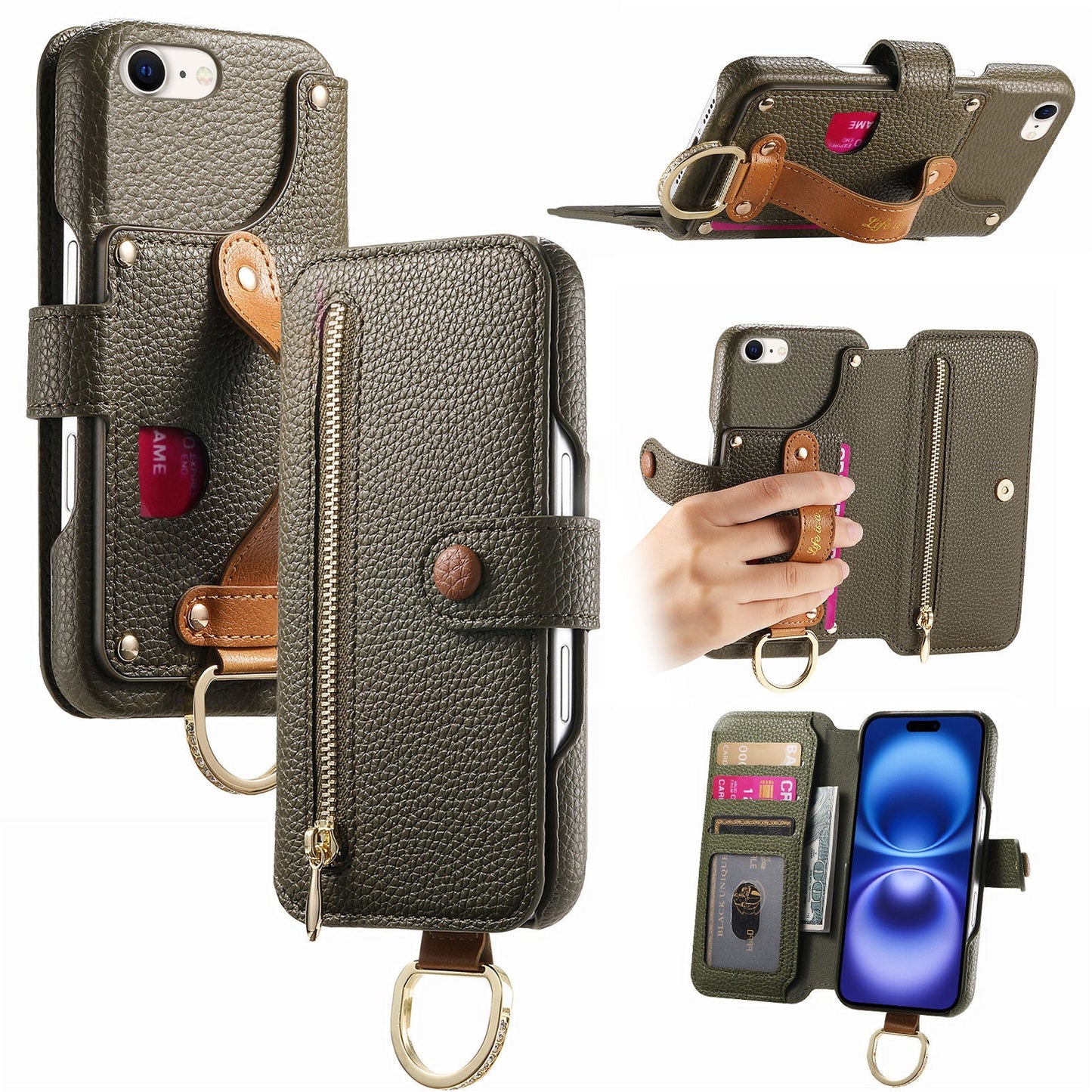 RFID Leather Phone Wallet Case with Wrist Strap for iPhone 16e