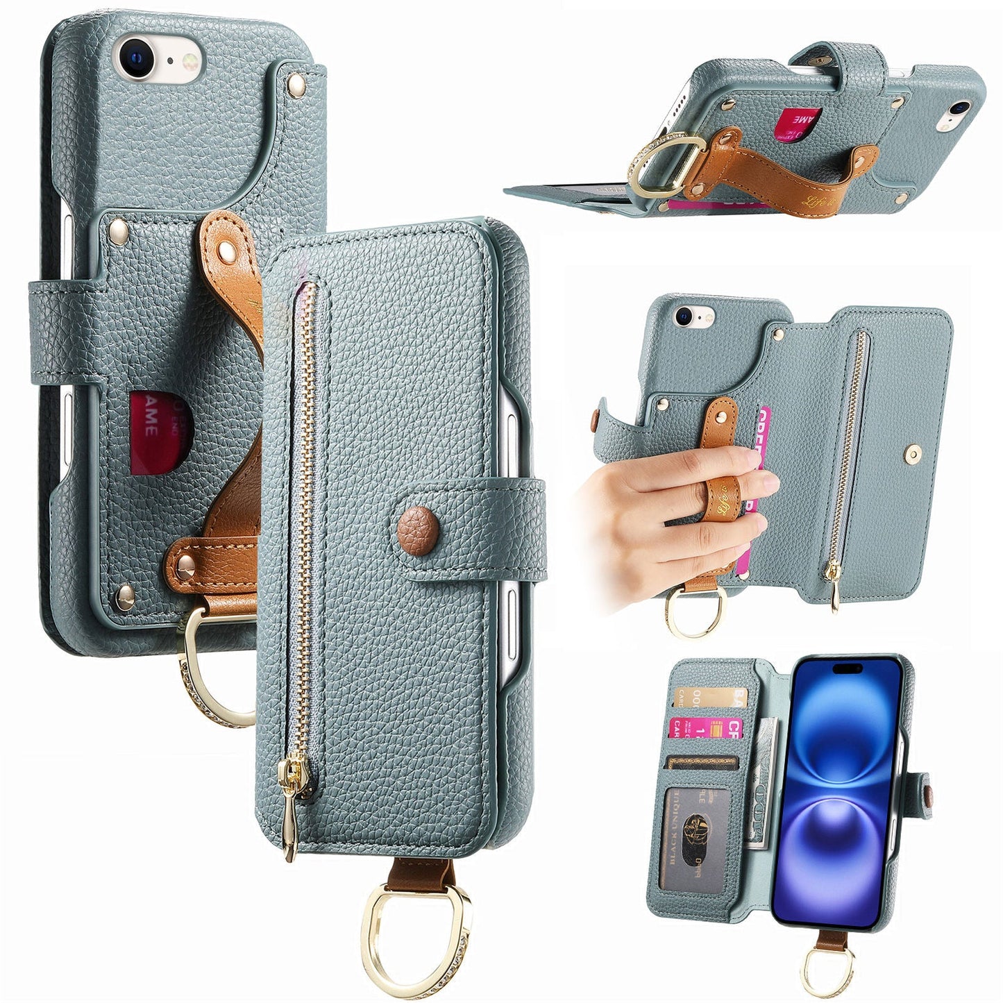 RFID Leather Phone Wallet Case with Wrist Strap for iPhone 16e