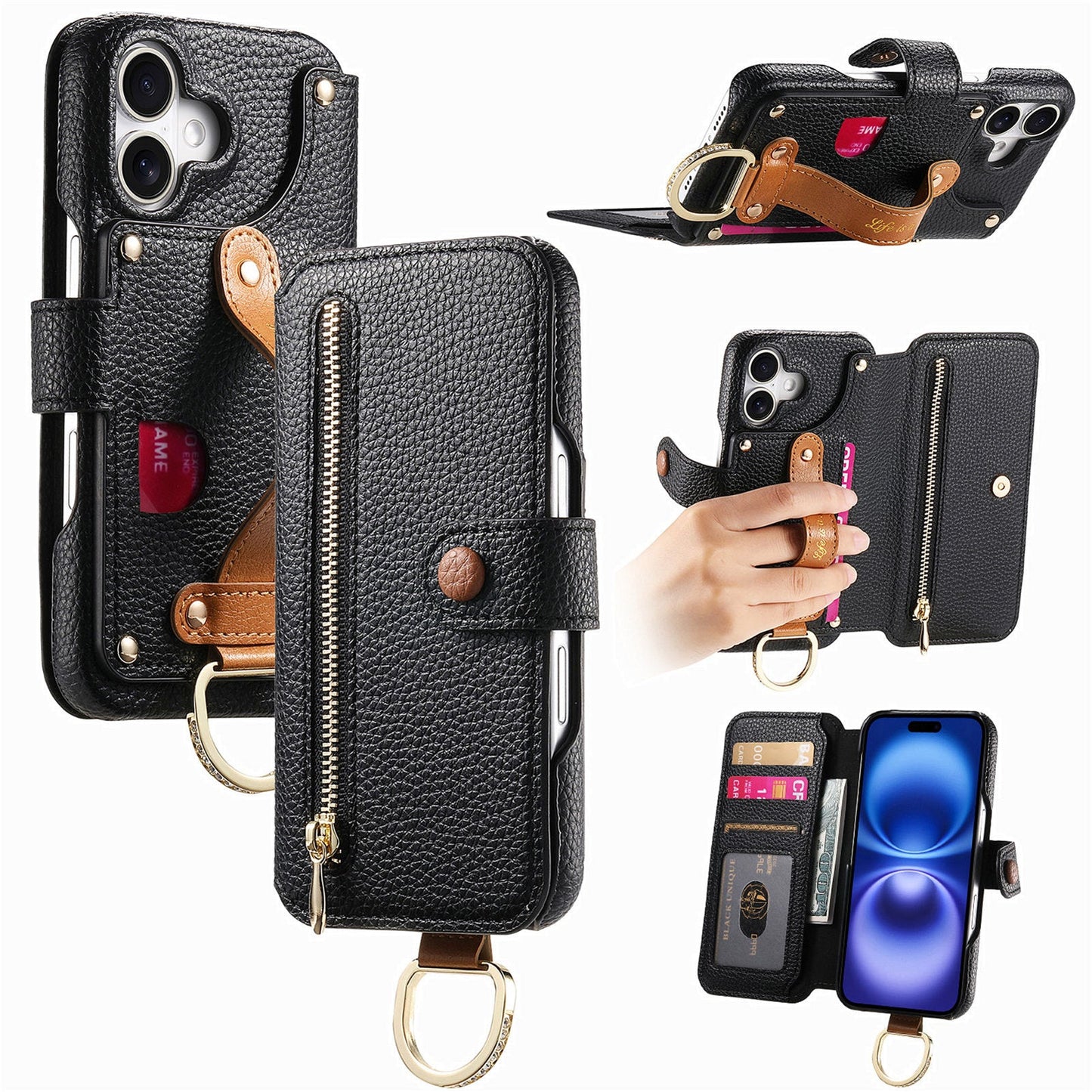 Luxe Leather Phone Wallet Case with Wrist Strap for iPhone 16
