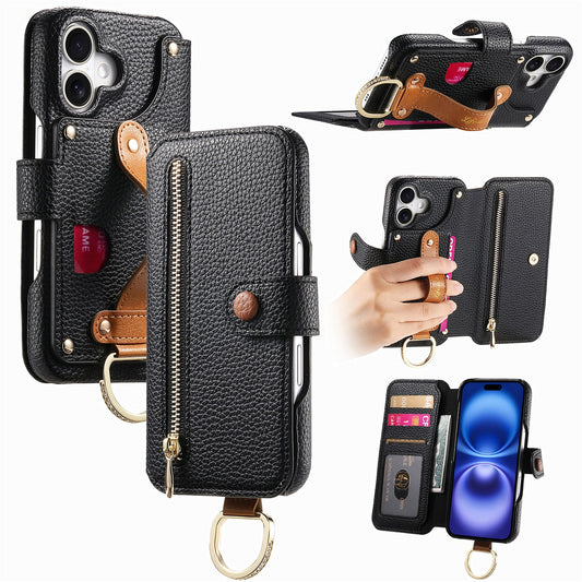 RFID Leather Phone Wallet Case with Wrist Strap for iPhone 16 Plus