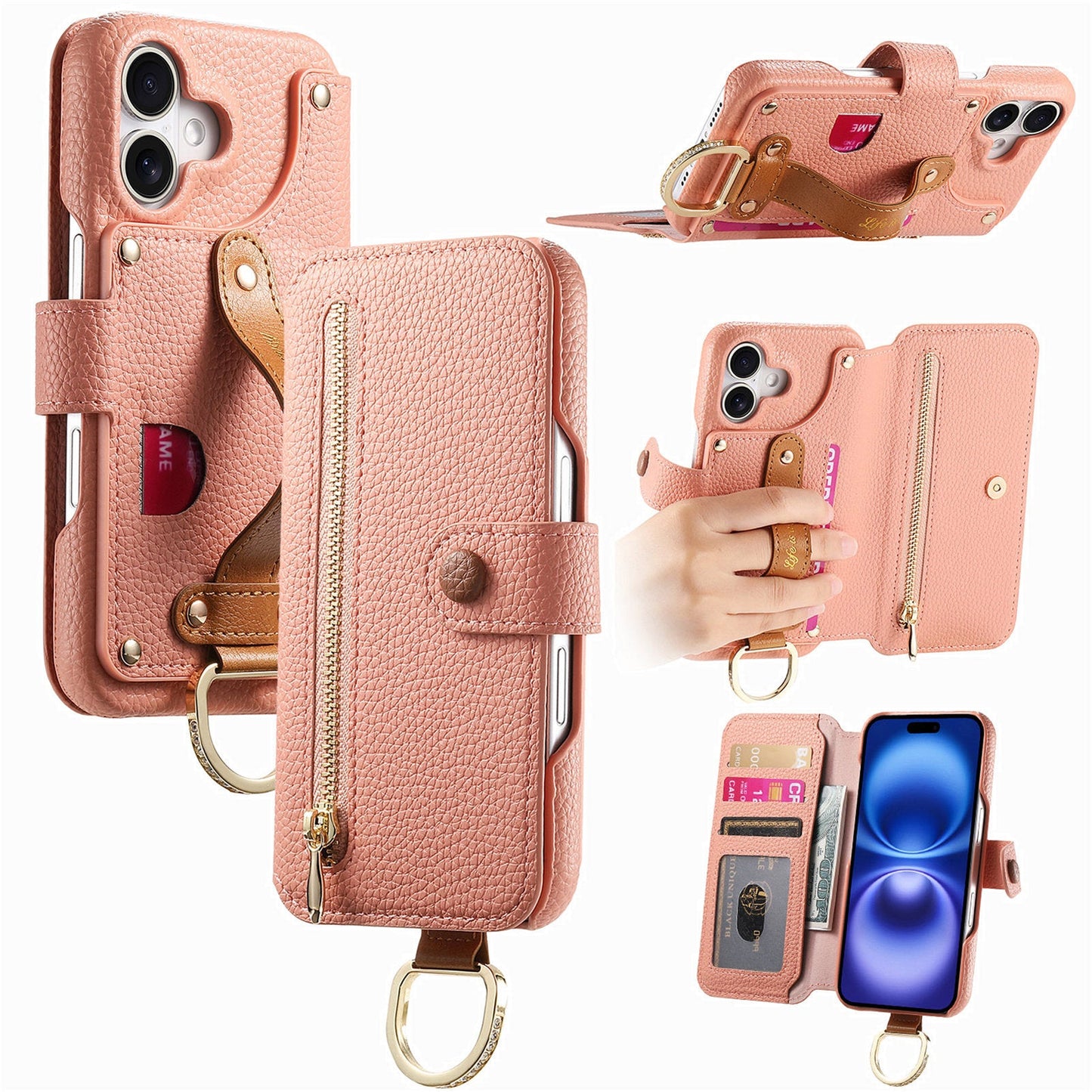 RFID Leather Phone Wallet Case with Wrist Strap for iPhone 17
