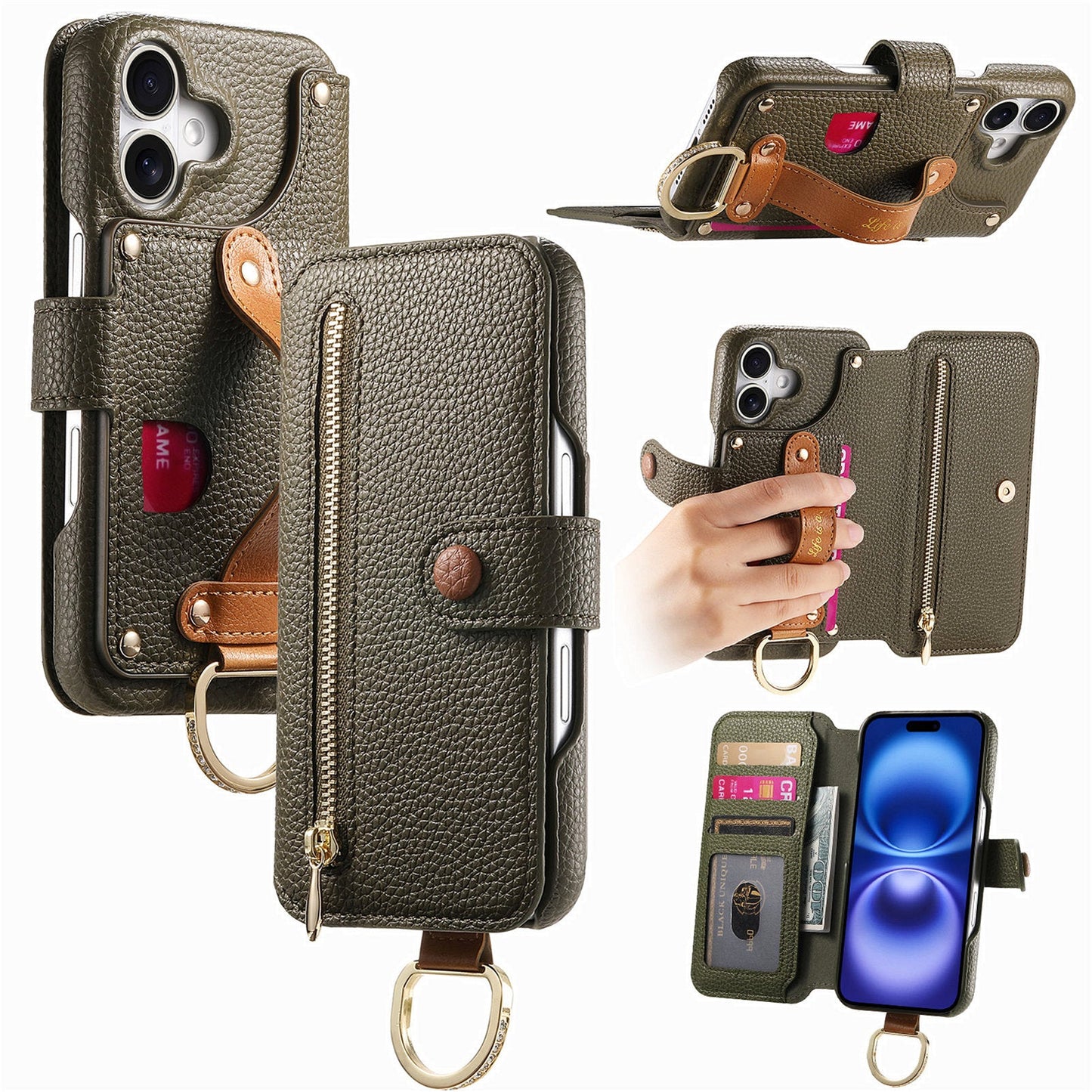 RFID Leather Phone Wallet Case with Wrist Strap for iPhone 17