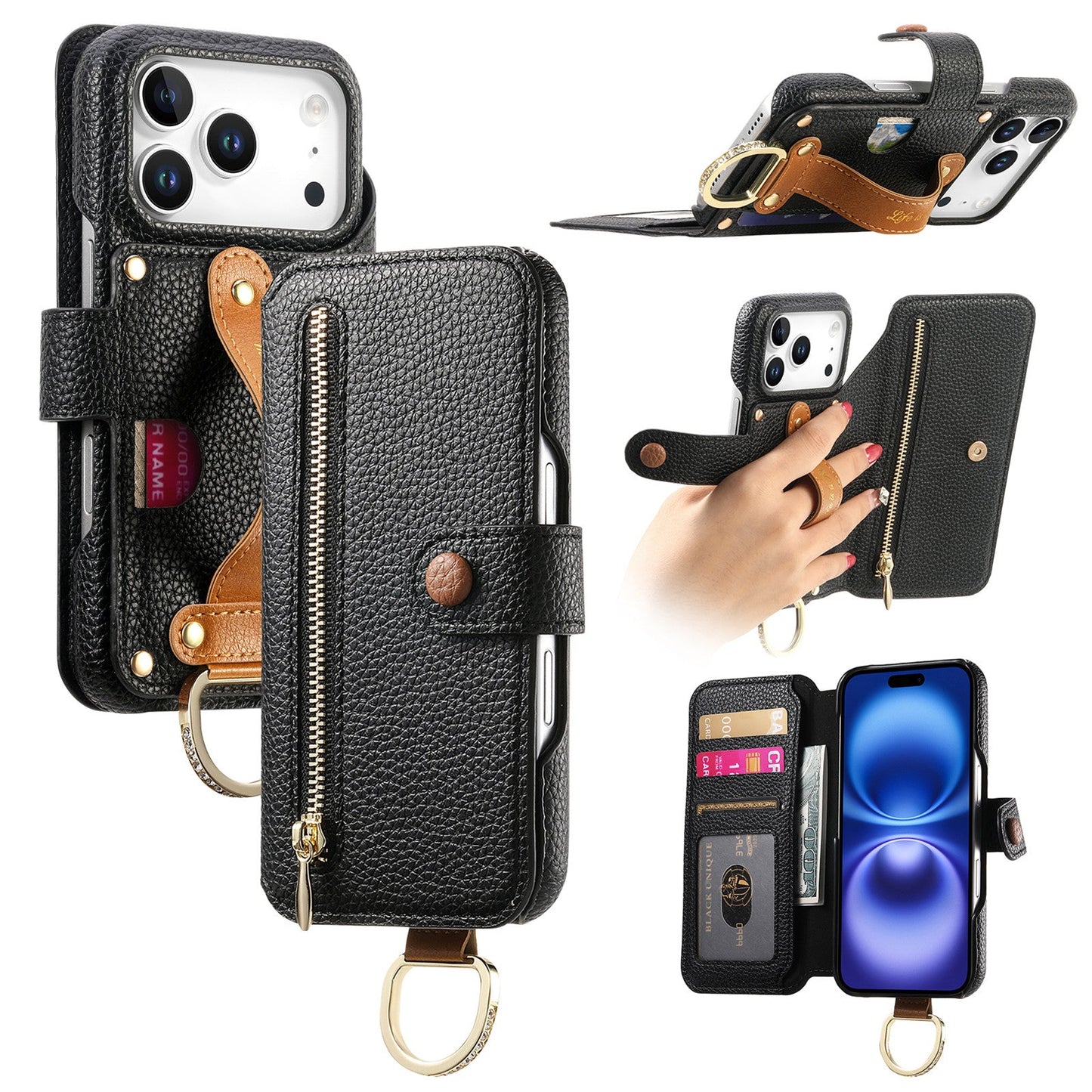 RFID Leather Phone Wallet Case with Wrist Strap for iPhone 17 Pro Max