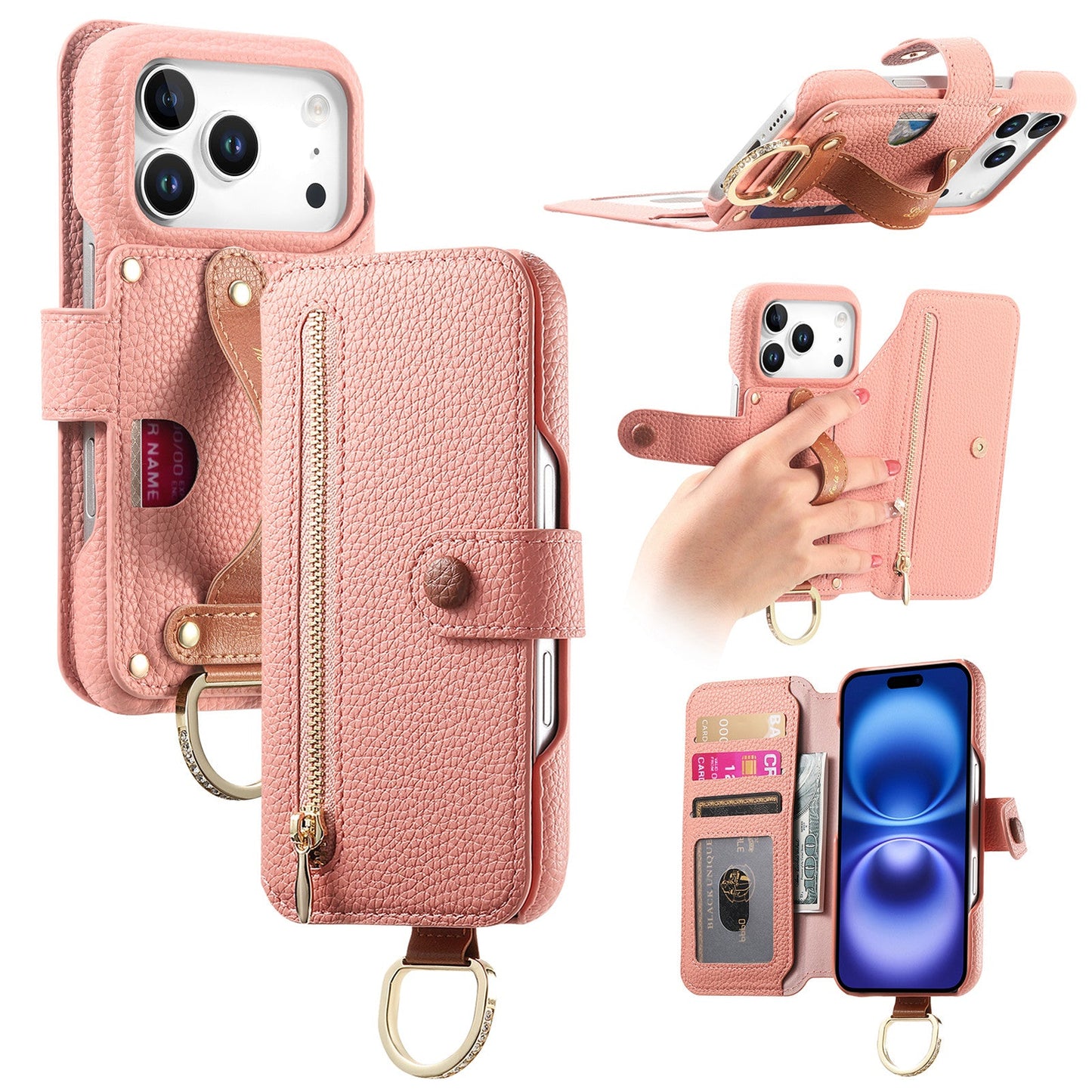 RFID Leather Phone Wallet Case with Wrist Strap for iPhone 17 Pro