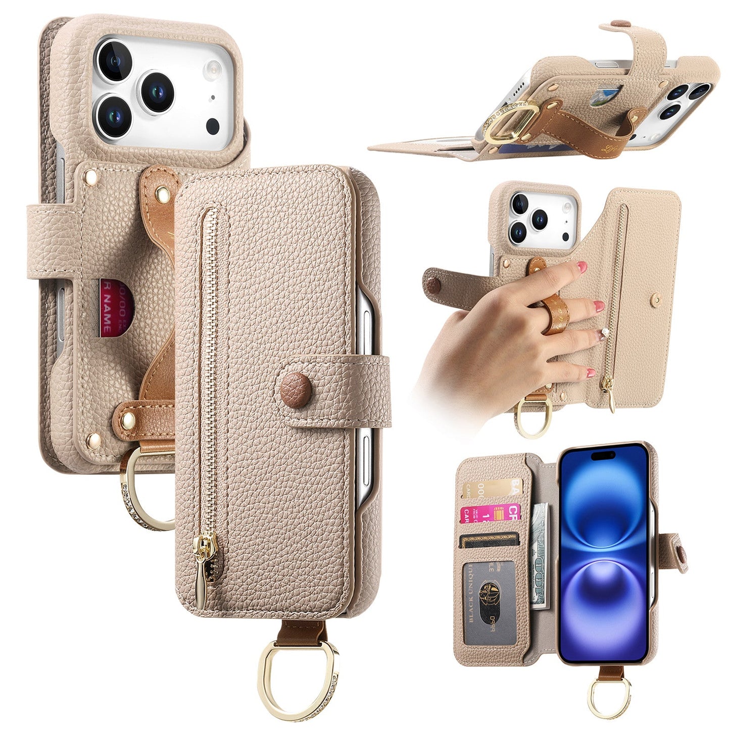 RFID Leather Phone Wallet Case with Wrist Strap for iPhone 17 Pro
