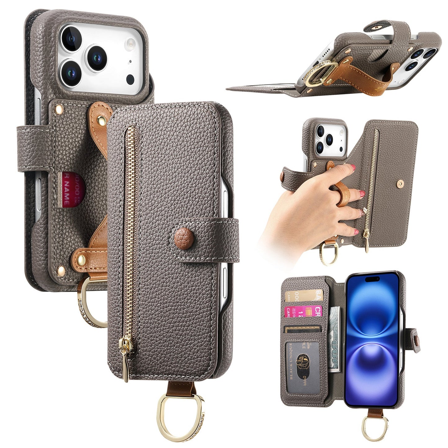RFID Leather Phone Wallet Case with Wrist Strap for iPhone 17 Pro