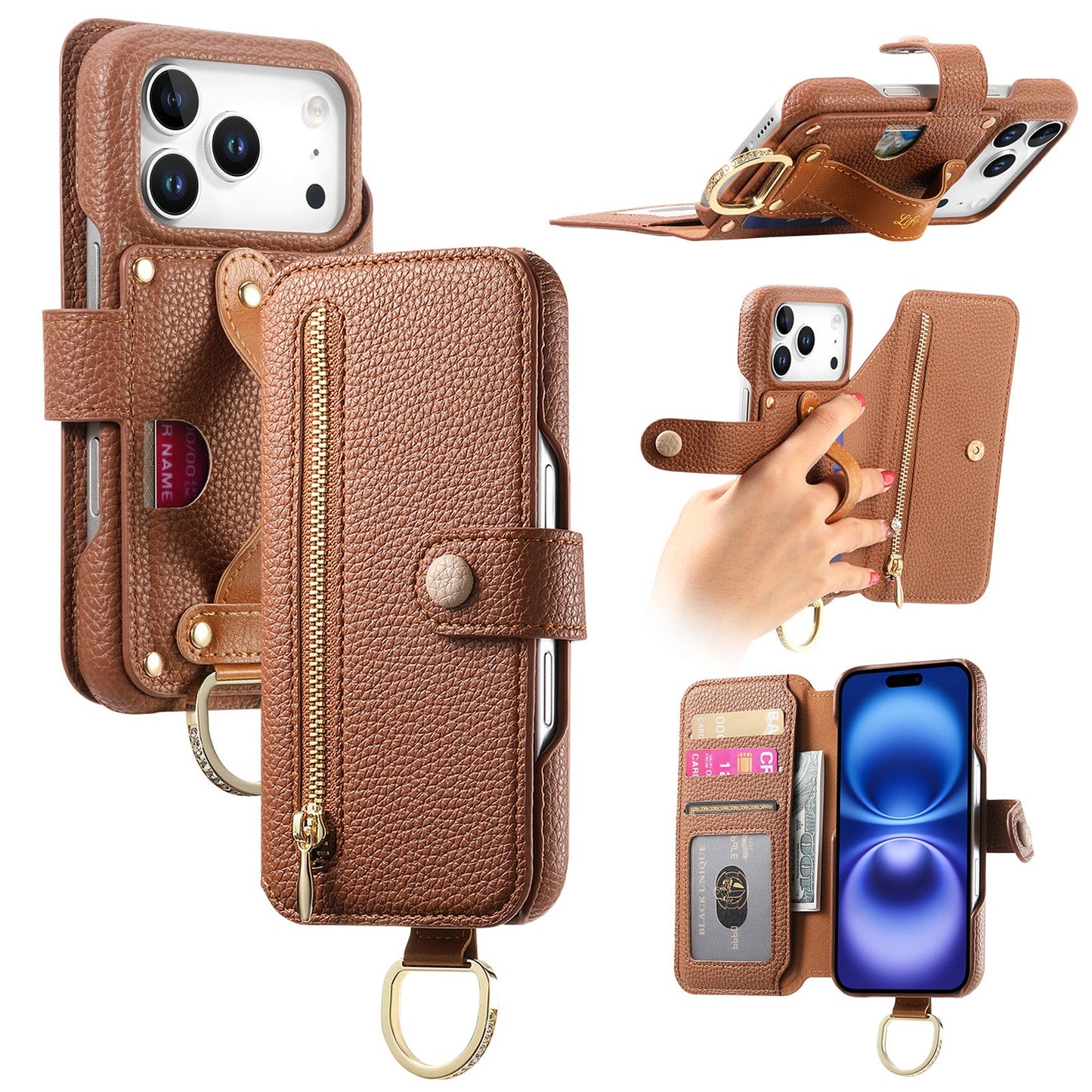 RFID Leather Phone Wallet Case with Wrist Strap for iPhone 17 Pro