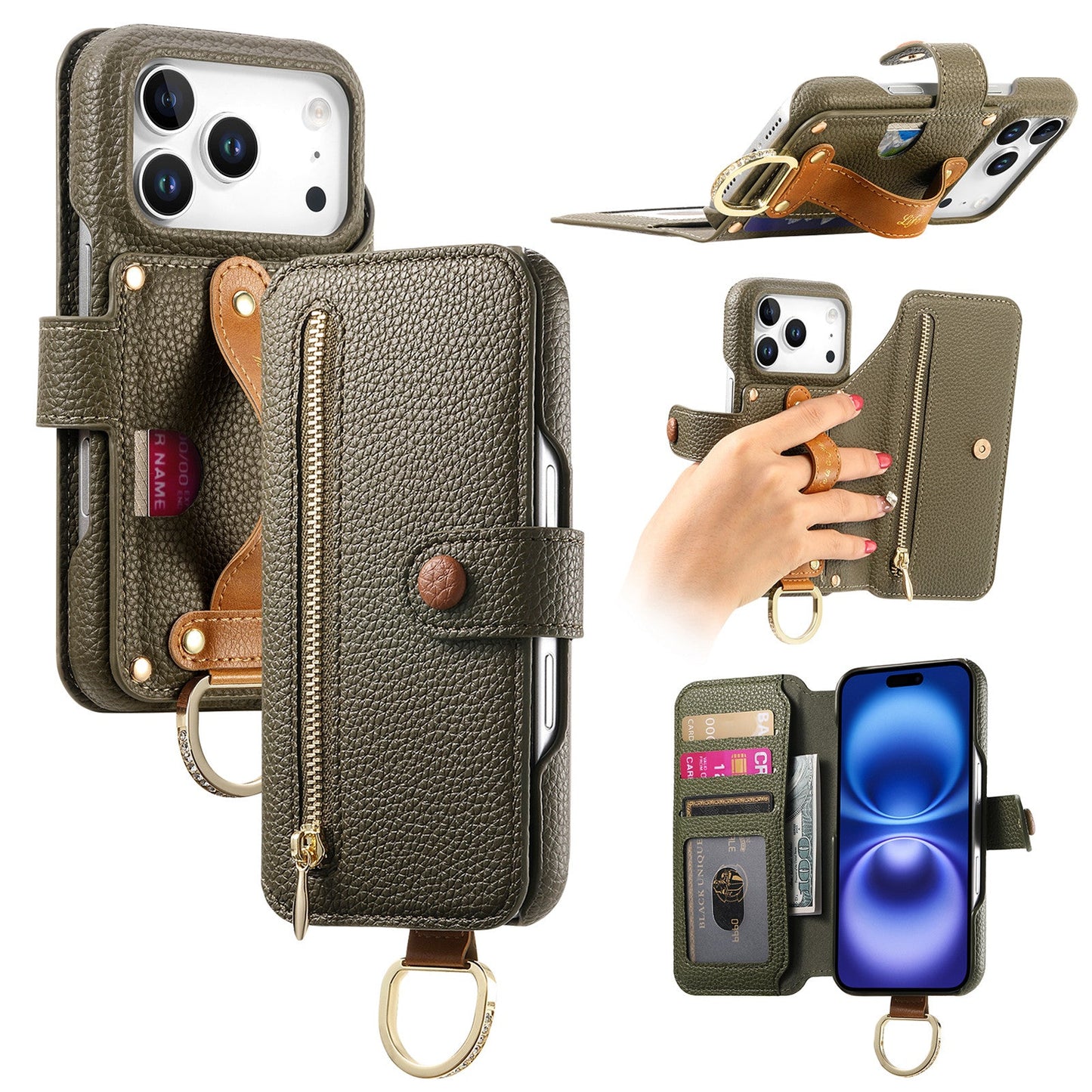 RFID Leather Phone Wallet Case with Wrist Strap for iPhone 17 Pro