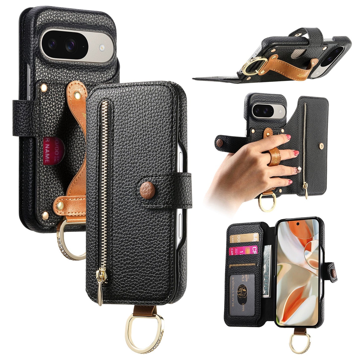 RFID Leather Phone Wallet Case with Wrist Strap for Pixel 9 Pro