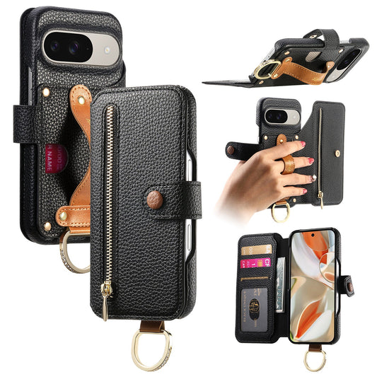 RFID Leather Phone Wallet Case with Wrist Strap for Pixel 9 Pro