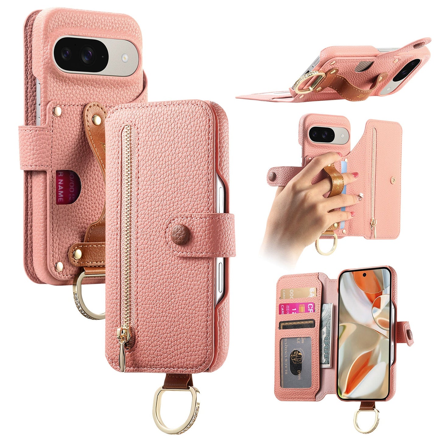 RFID Leather Phone Wallet Case with Wrist Strap for Pixel 7