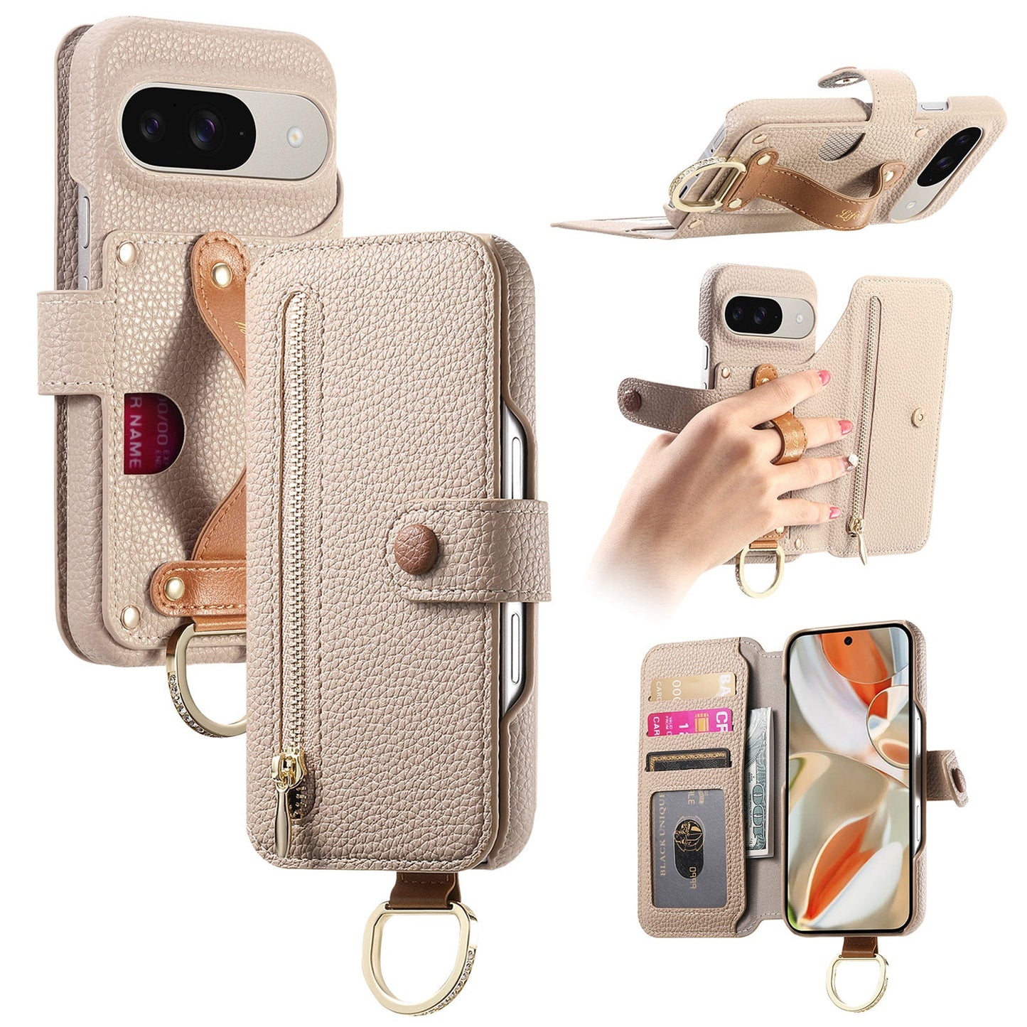 RFID Leather Phone Wallet Case with Wrist Strap for Pixel 9 Pro XL